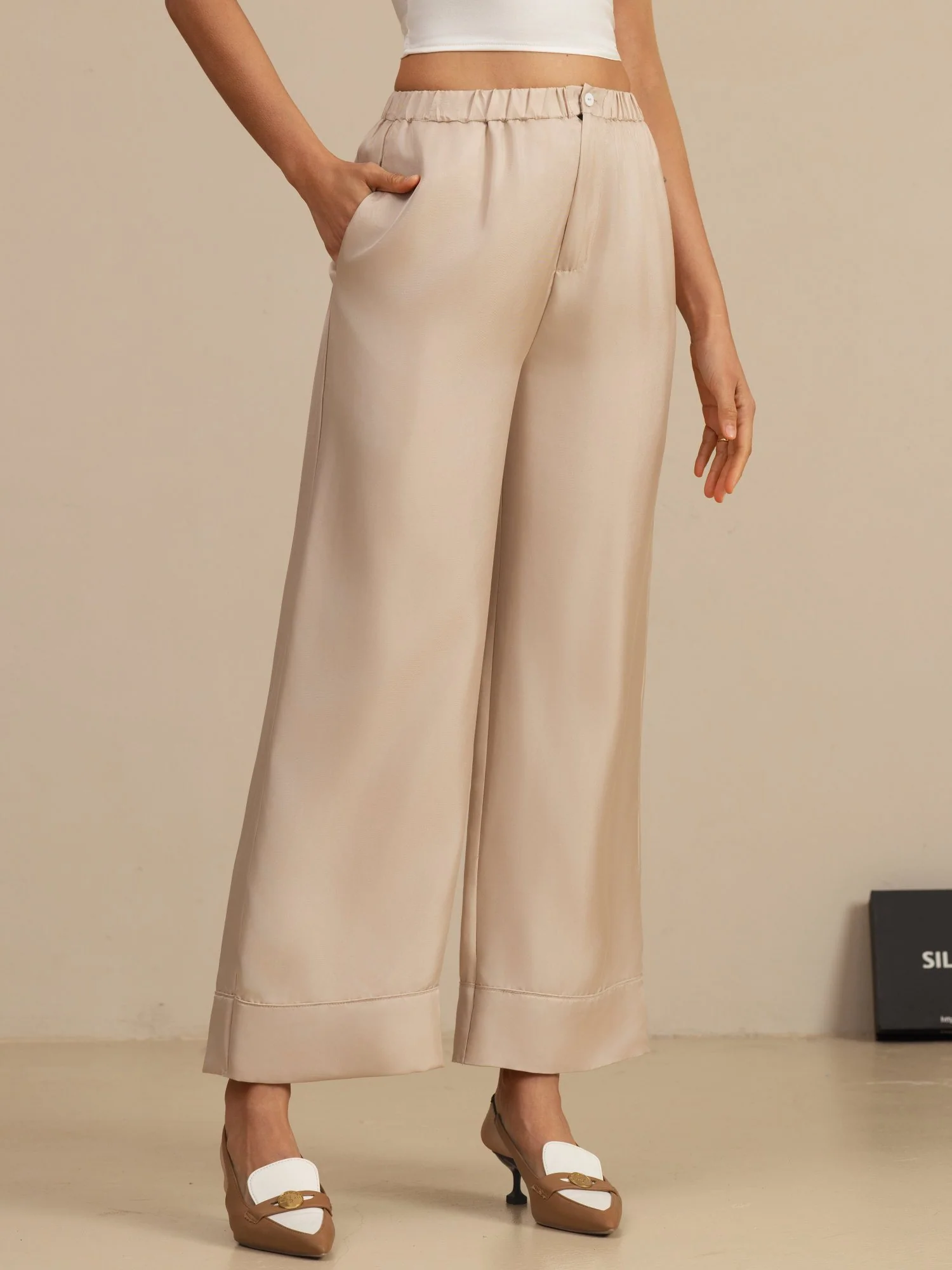 Seda Pura Mujer Cintura Alta Largo Completo Cintura Elástica Pantalones Con Bolsillos - Image 13