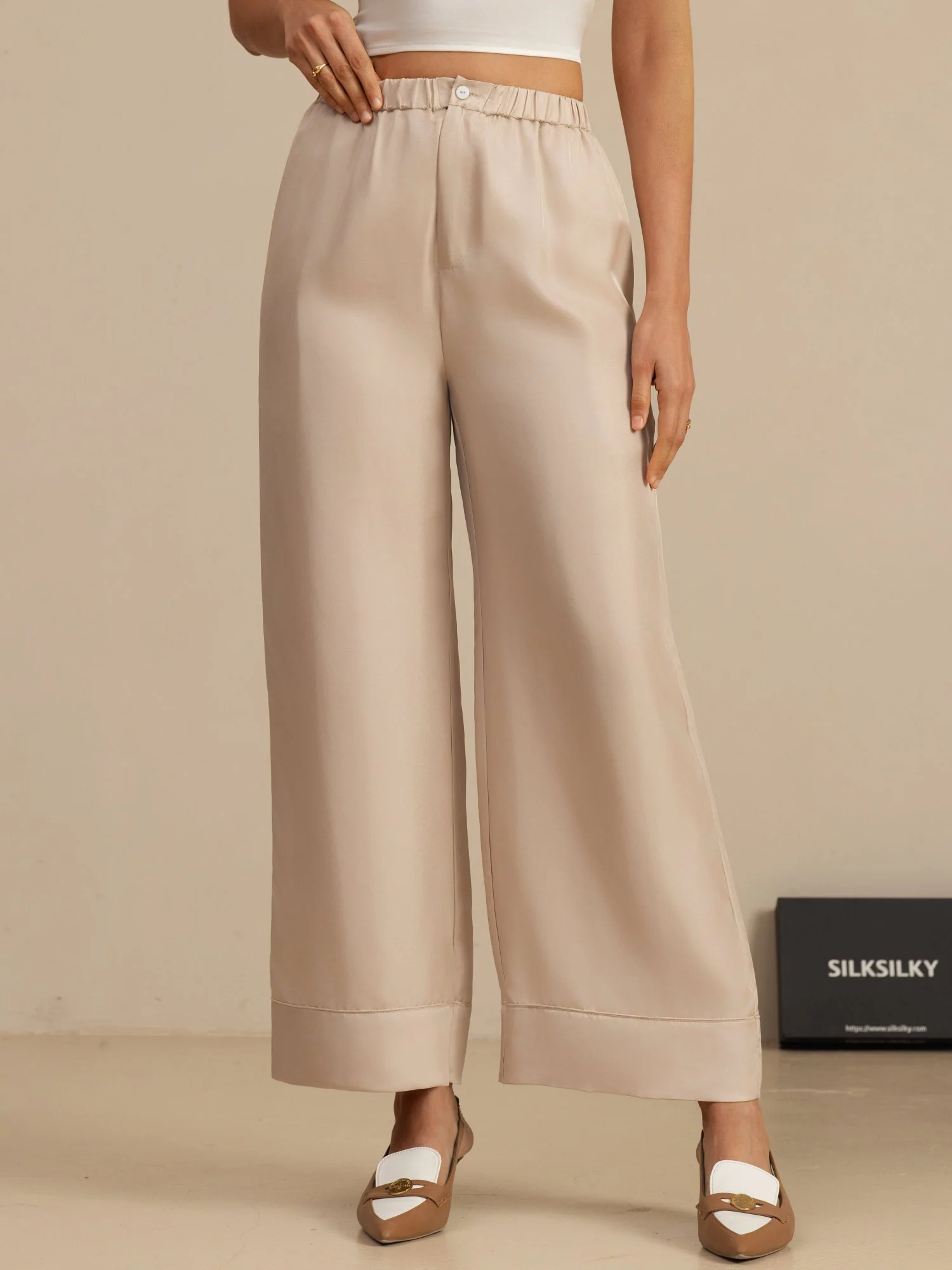 Seda Pura Mujer Cintura Alta Largo Completo Cintura Elástica Pantalones Con Bolsillos - Image 15
