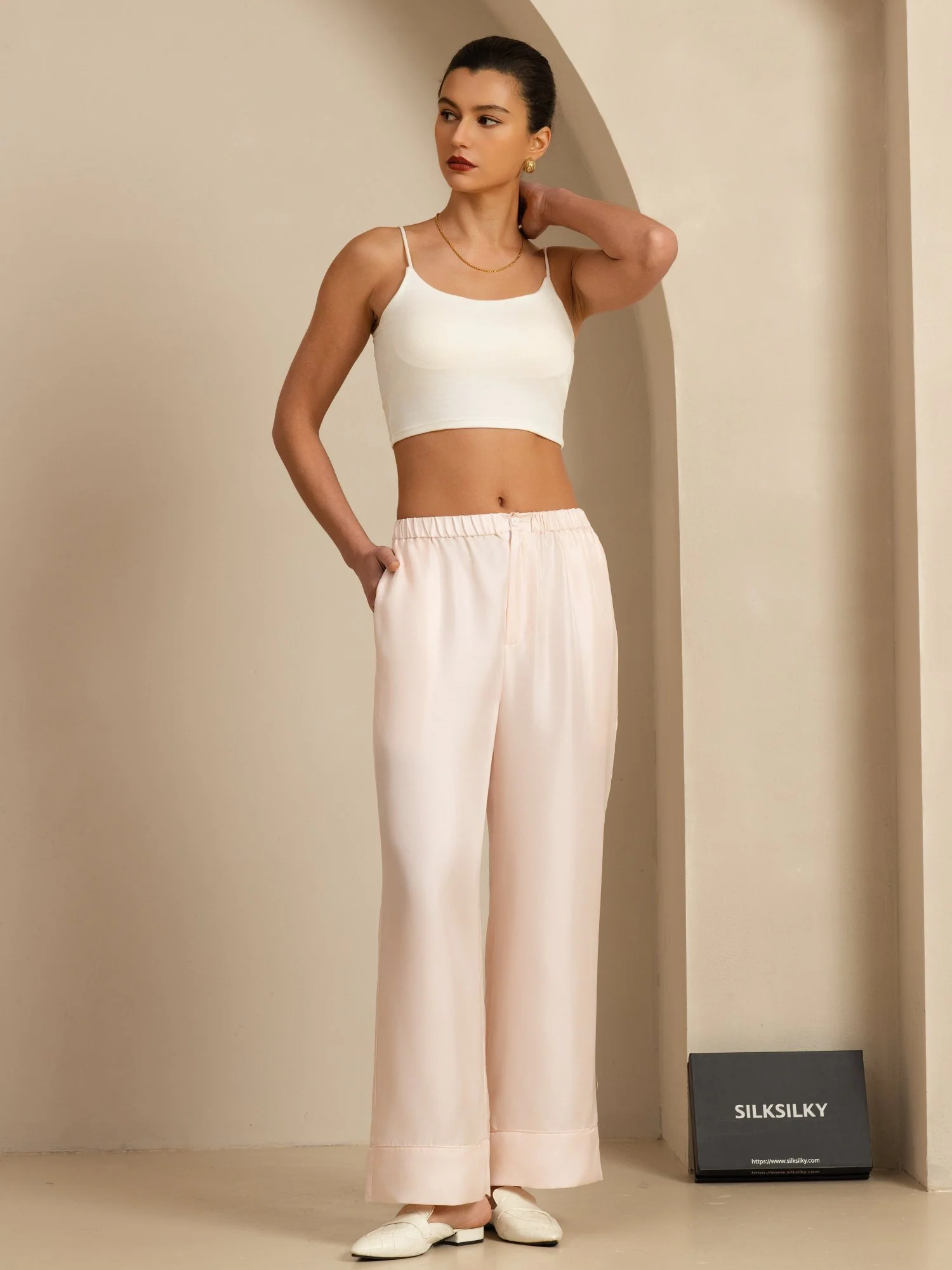 Seda Pura Mujer Cintura Alta Largo Completo Cintura Elástica Pantalones Con Bolsillos - Image 19