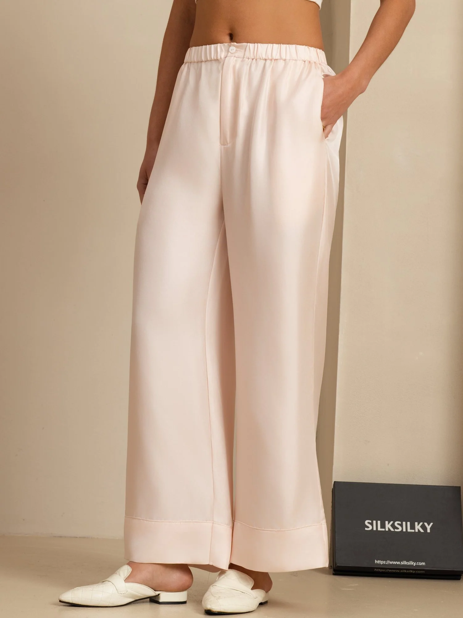 Seda Pura Mujer Cintura Alta Largo Completo Cintura Elástica Pantalones Con Bolsillos - Image 21