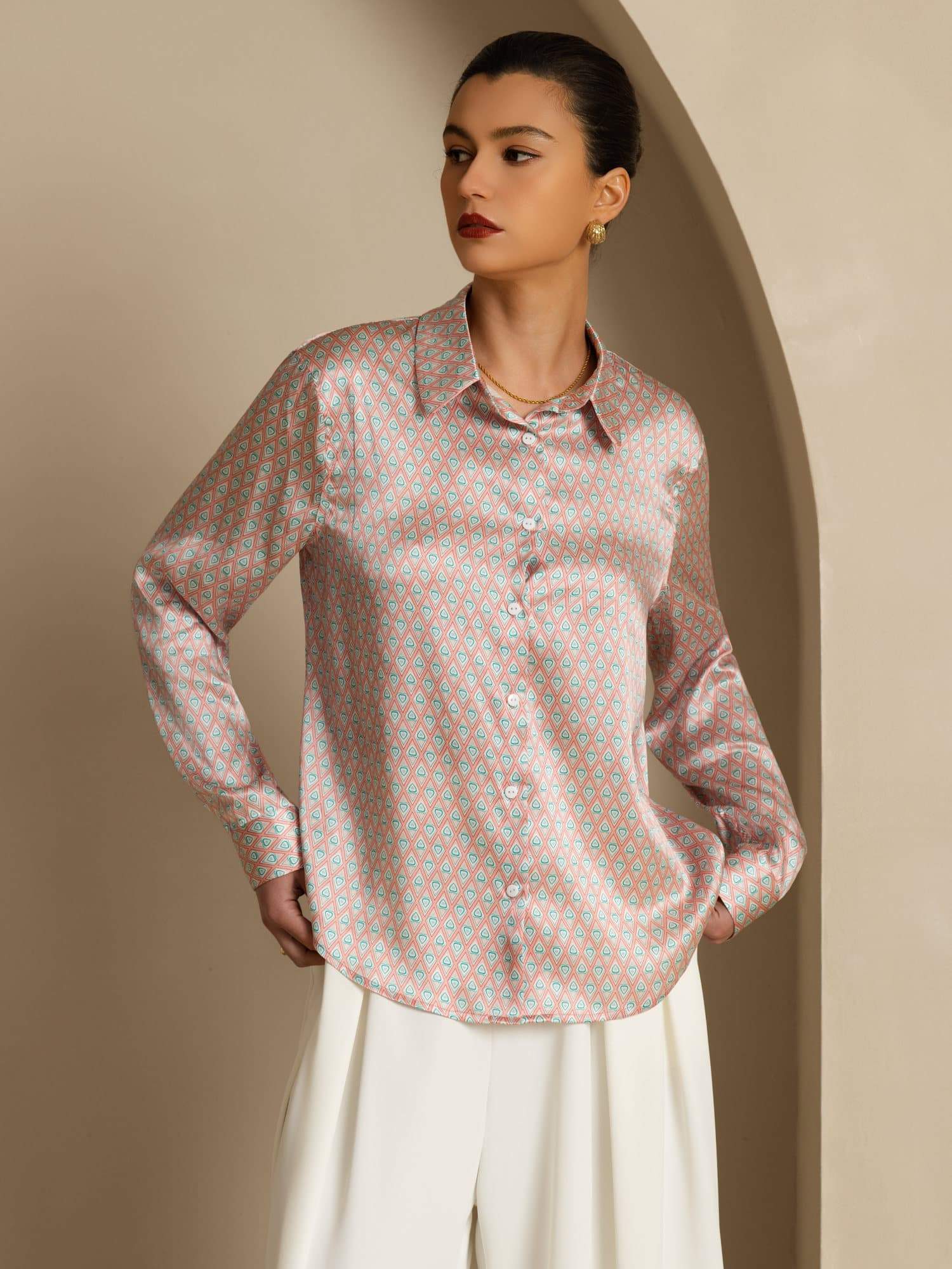 Seda Pura Mujer Manga Larga Cuello Solapa Estampado Floral Camisa - Image 3