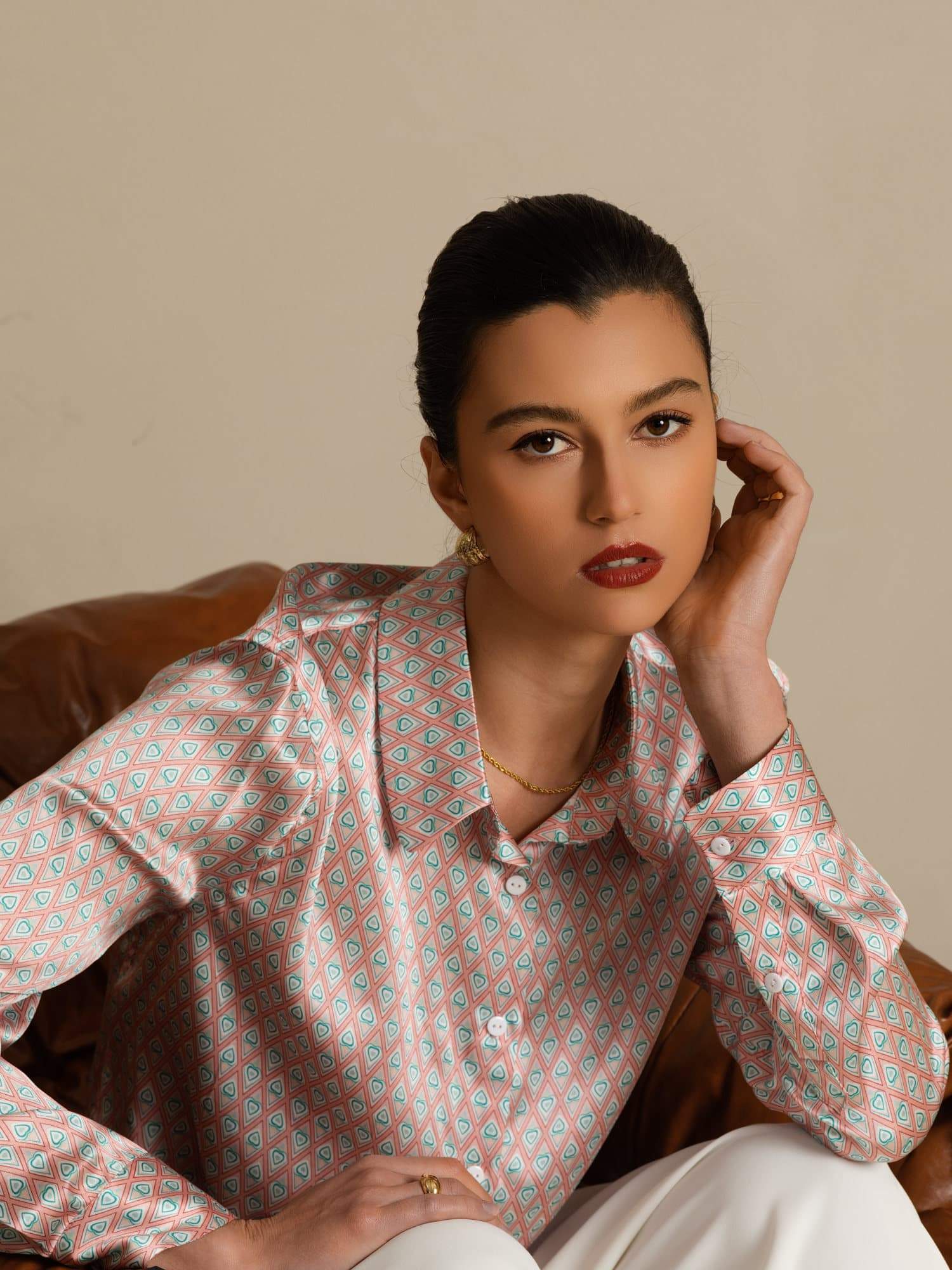 Seda Pura Mujer Manga Larga Cuello Solapa Estampado Floral Camisa - Image 4