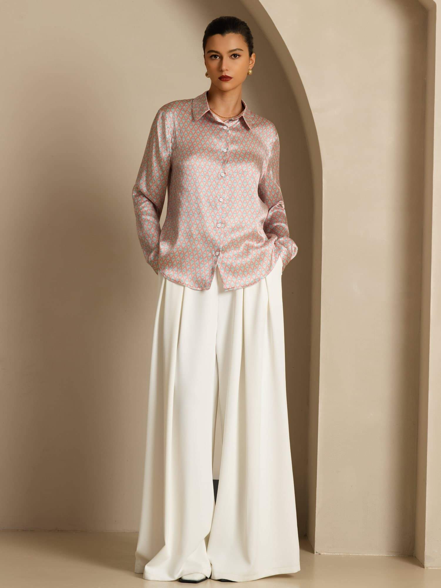 Seda Pura Mujer Manga Larga Cuello Solapa Estampado Floral Camisa - Image 8