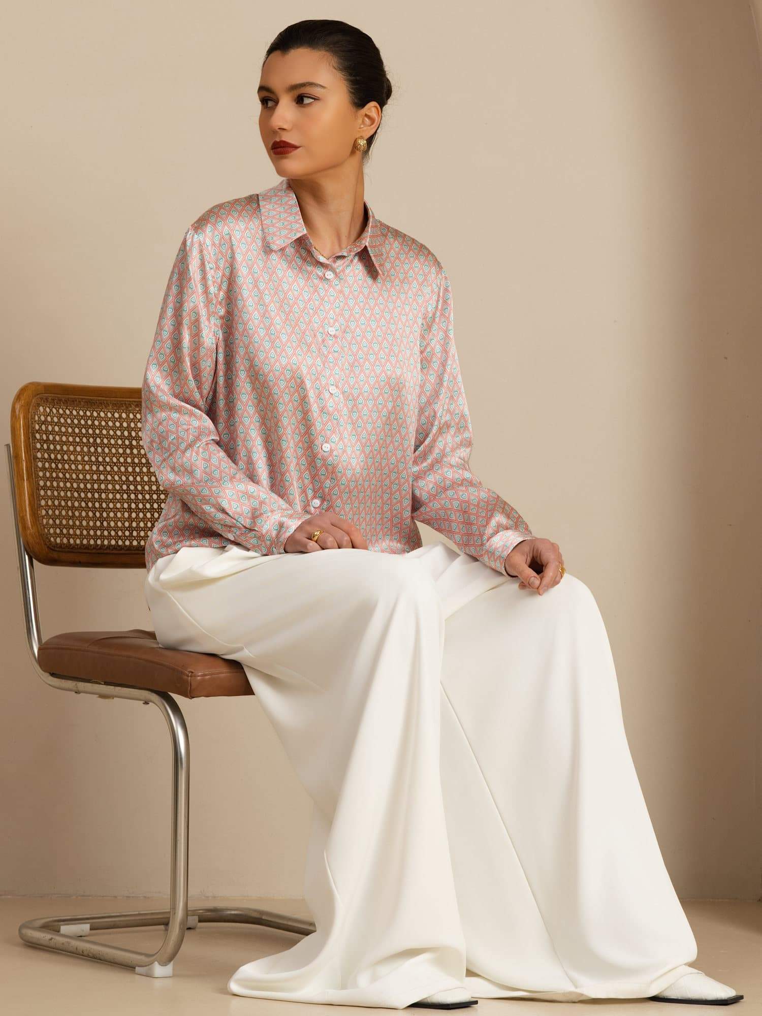 Seda Pura Mujer Manga Larga Cuello Solapa Estampado Floral Camisa - Image 9