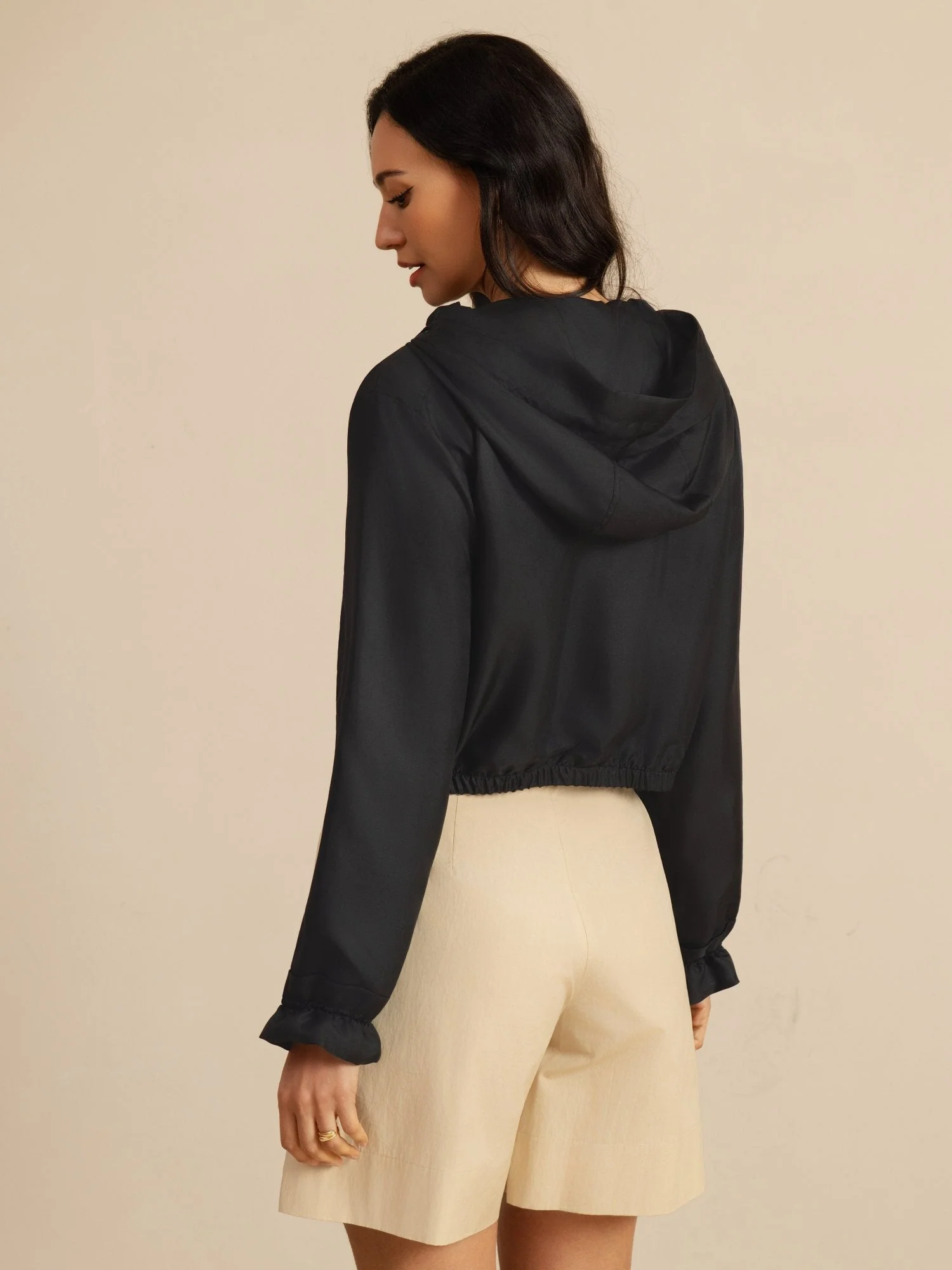 Chaqueta Corta Con Capucha Para Mujer De Seda Pura Con Bolsillos - Image 10