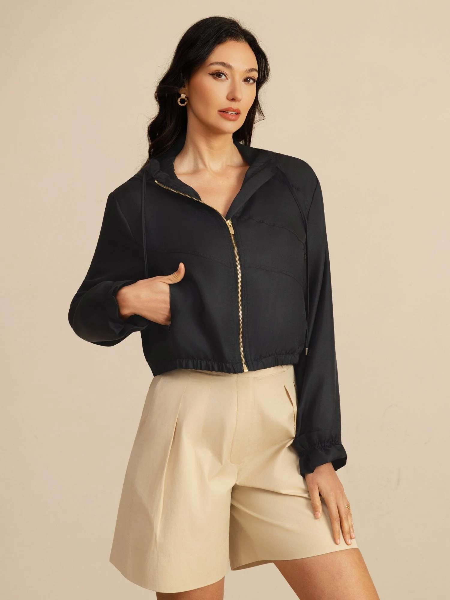 Chaqueta Corta Con Capucha Para Mujer De Seda Pura Con Bolsillos - Image 12