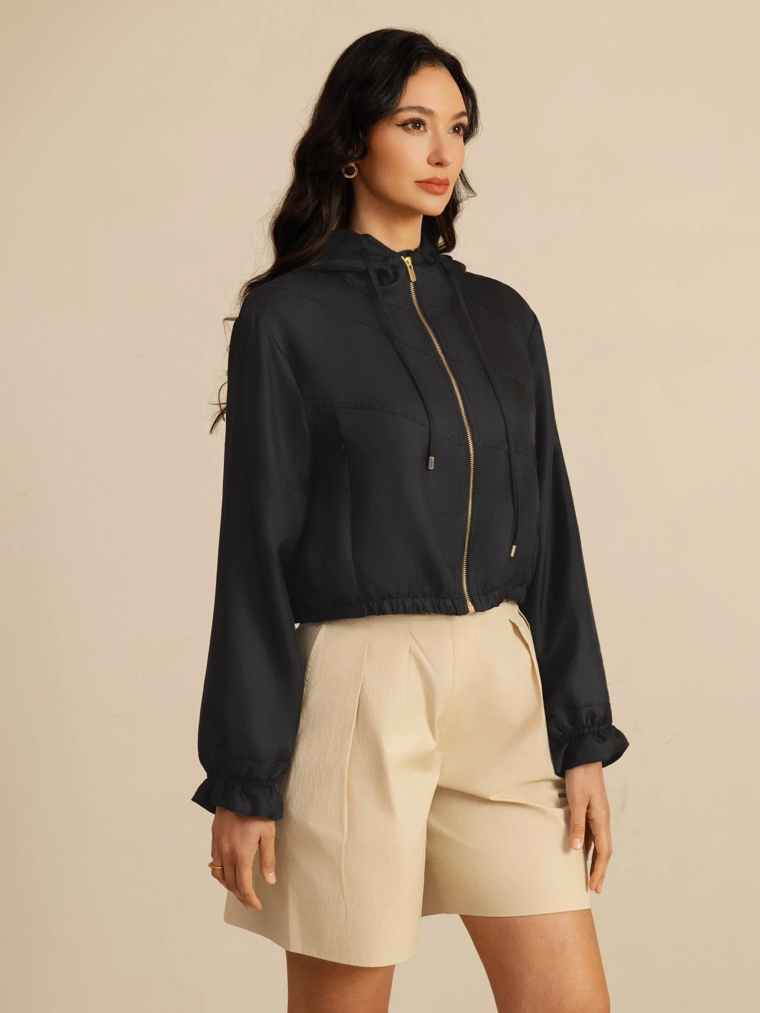 Chaqueta Corta Con Capucha Para Mujer De Seda Pura Con Bolsillos - Image 14