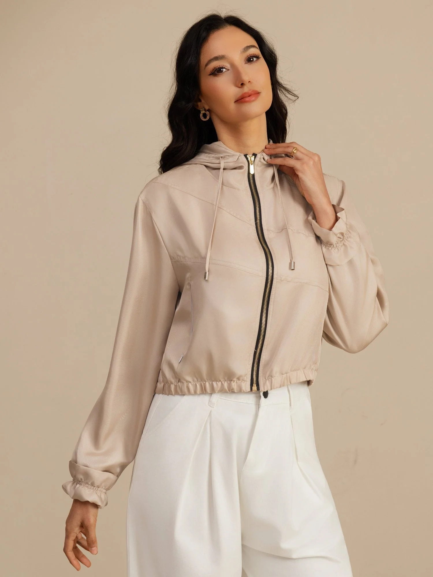 Chaqueta Corta Con Capucha Para Mujer De Seda Pura Con Bolsillos - Image 19