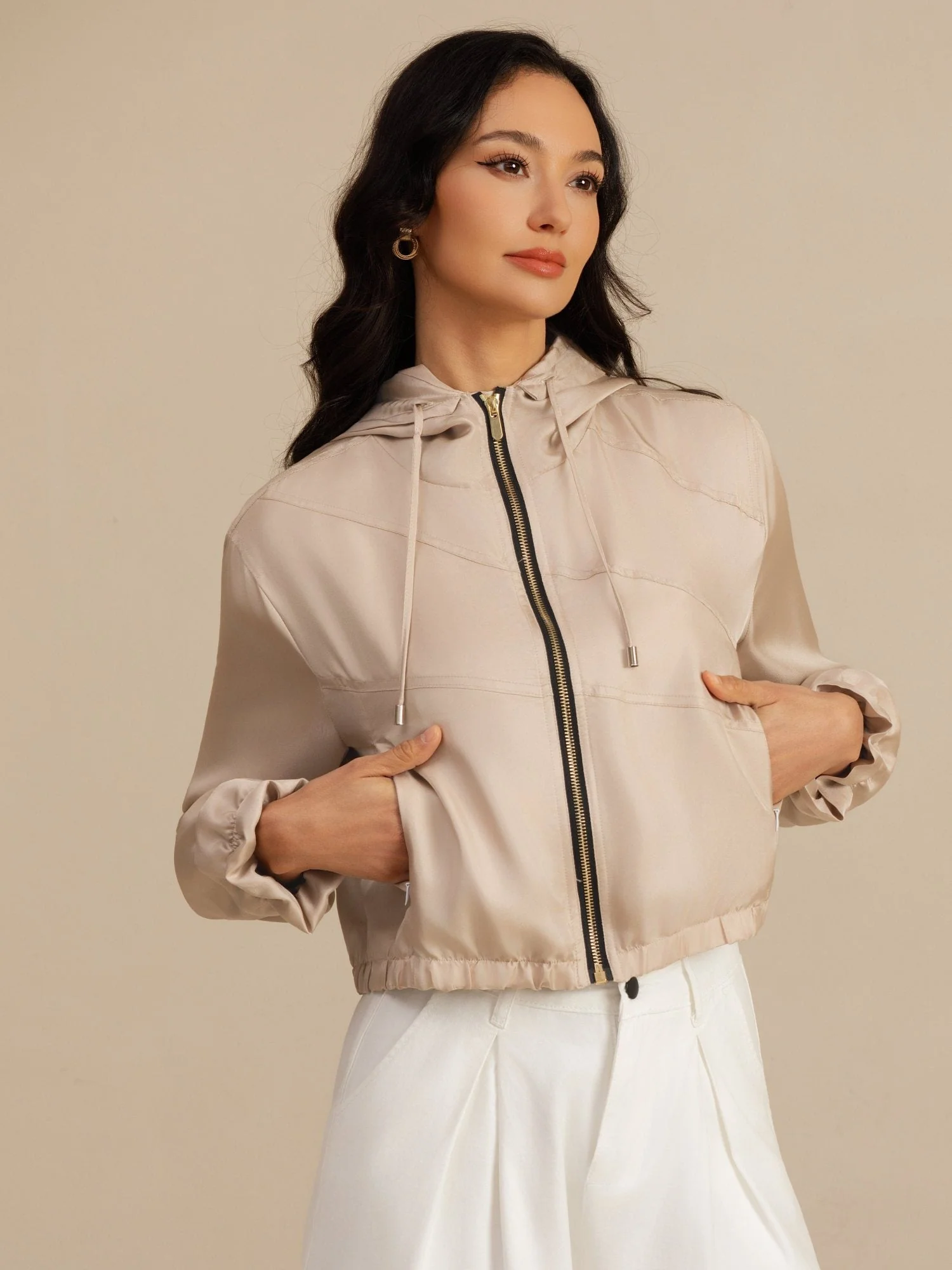 Chaqueta Corta Con Capucha Para Mujer De Seda Pura Con Bolsillos - Image 20