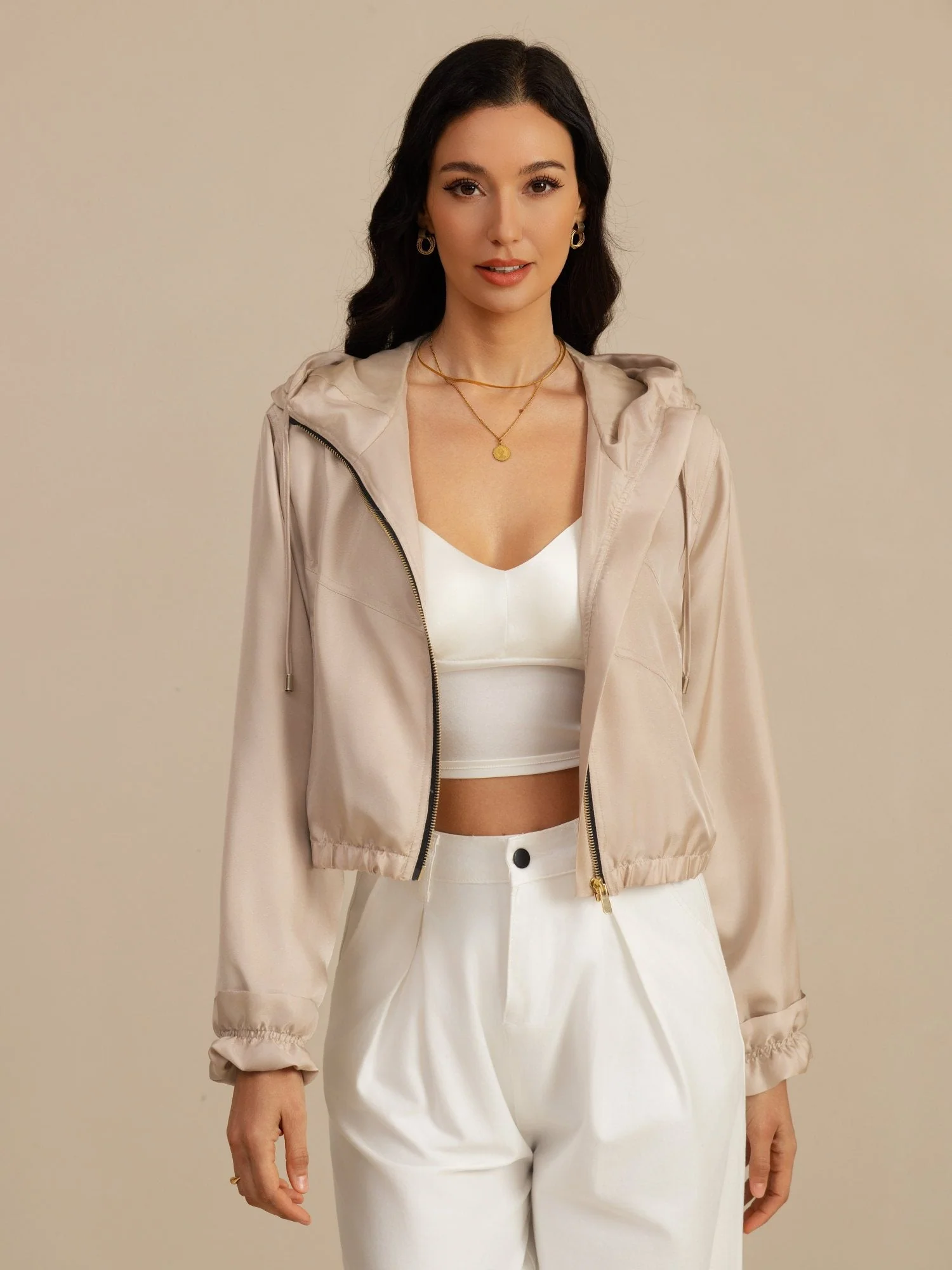 Chaqueta Corta Con Capucha Para Mujer De Seda Pura Con Bolsillos - Image 21