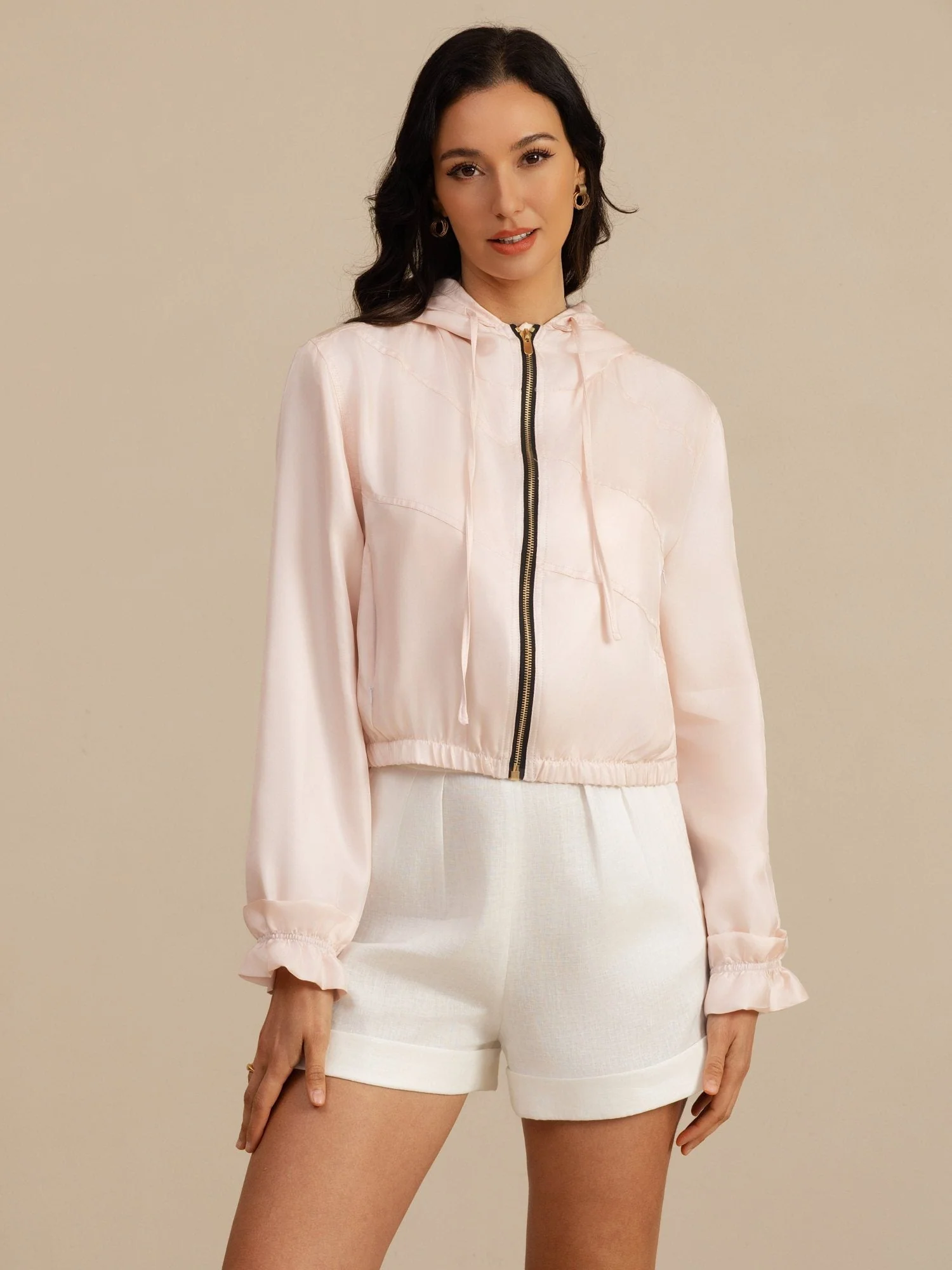 Chaqueta Corta Con Capucha Para Mujer De Seda Pura Con Bolsillos - Image 31