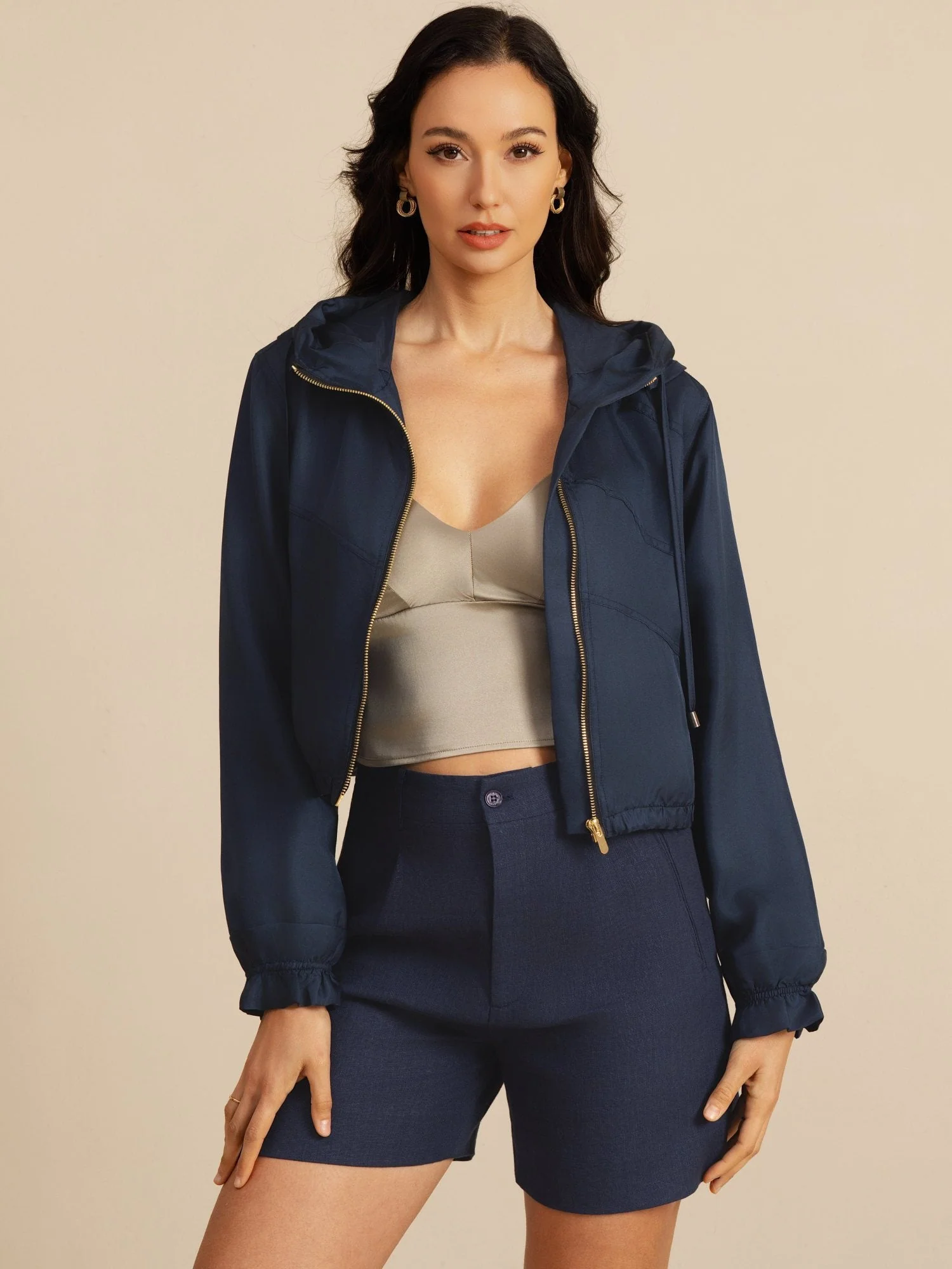 Chaqueta Corta Con Capucha Para Mujer De Seda Pura Con Bolsillos - Image 6