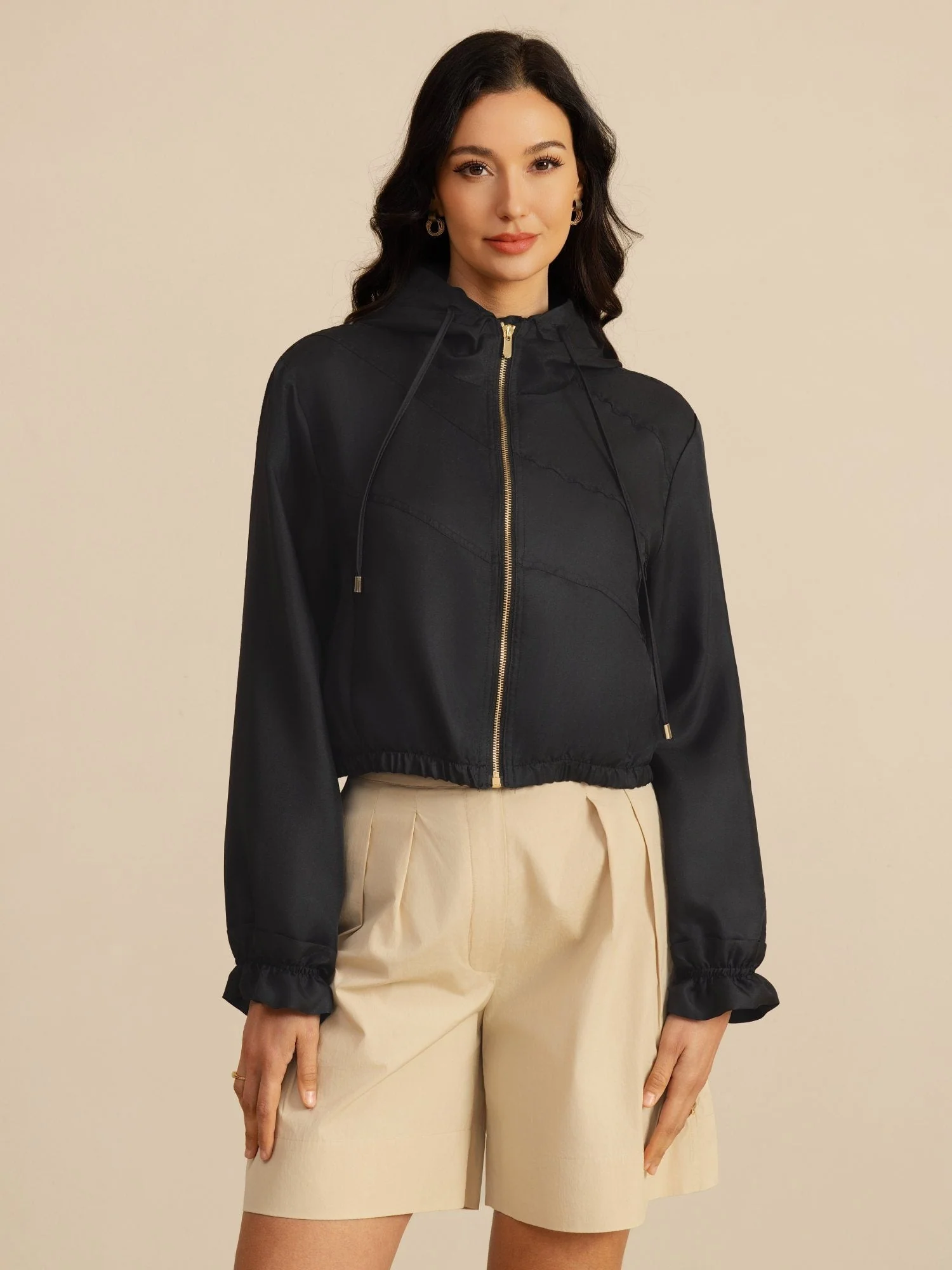 Chaqueta Corta Con Capucha Para Mujer De Seda Pura Con Bolsillos - Image 9