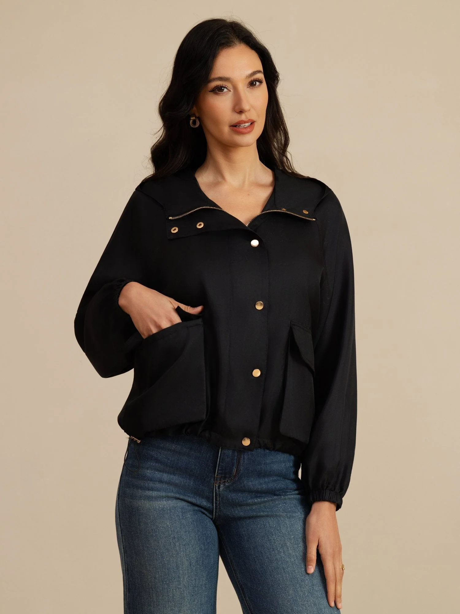 Chaqueta Con Capucha Para Mujer De Seda Pura Con Grandes Bolsillos Con Solapa - Image 10