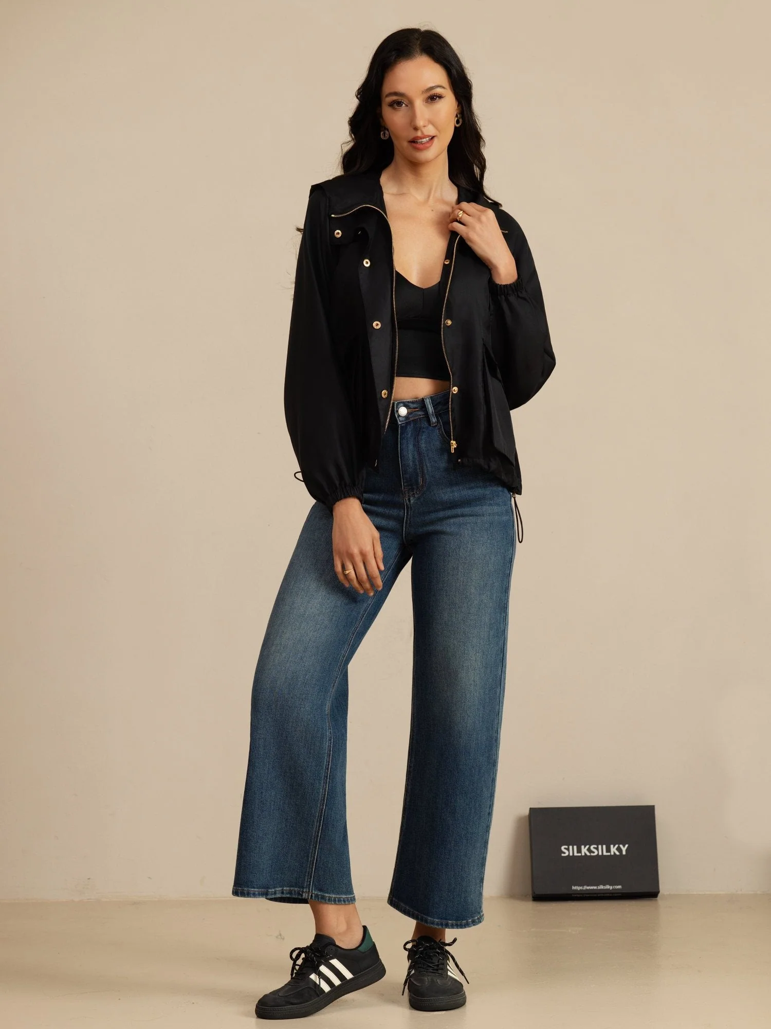 Chaqueta Con Capucha Para Mujer De Seda Pura Con Grandes Bolsillos Con Solapa - Image 14