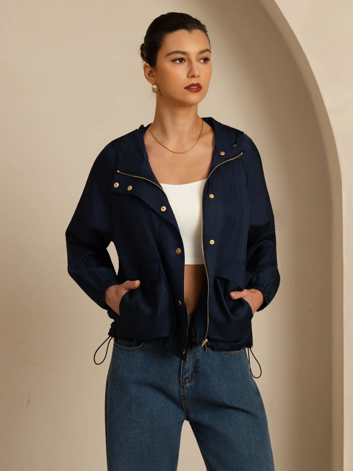 Chaqueta Con Capucha Para Mujer De Seda Pura Con Grandes Bolsillos Con Solapa - Image 15