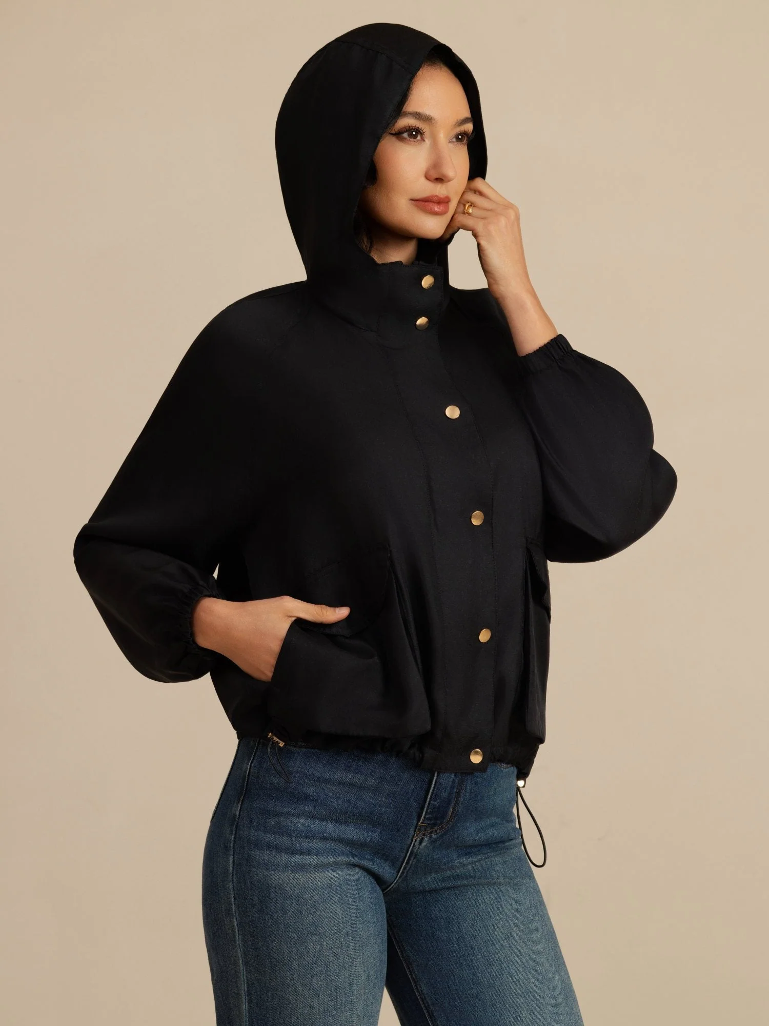 Chaqueta Con Capucha Para Mujer De Seda Pura Con Grandes Bolsillos Con Solapa - Image 8