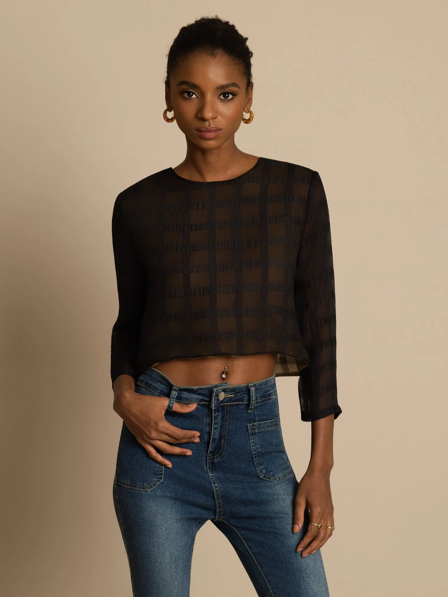Pura Seda Mujer Manga Larga Textura Cuadricula Blusa Corta Con Lazos Traseros - Image 3