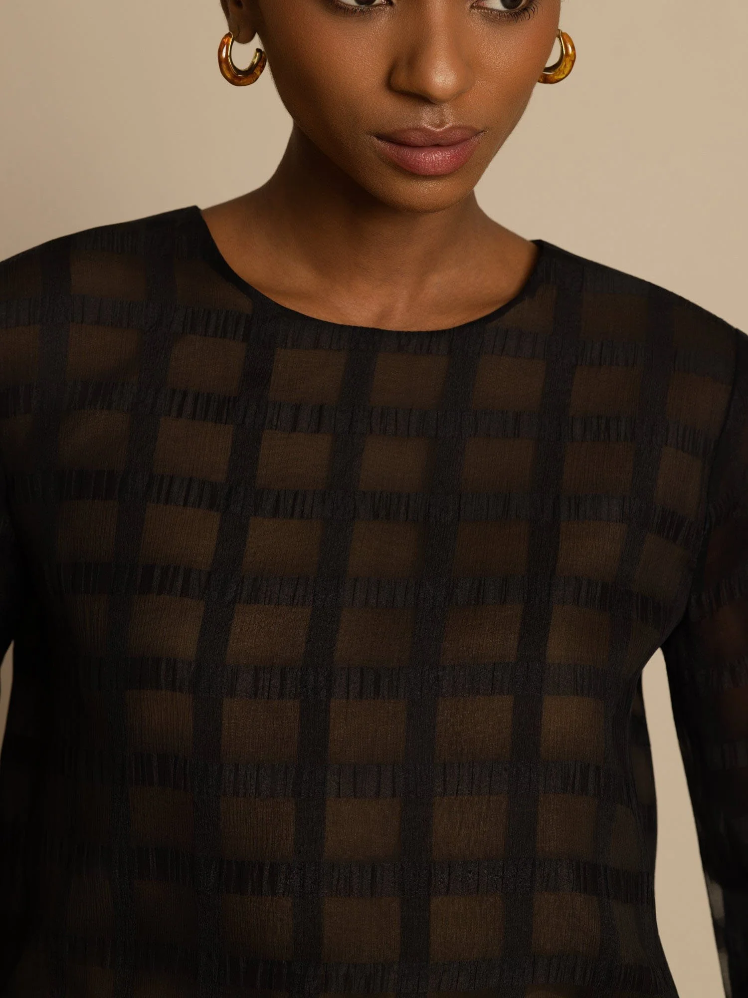 Pura Seda Mujer Manga Larga Textura Cuadricula Blusa Corta Con Lazos Traseros - Image 4