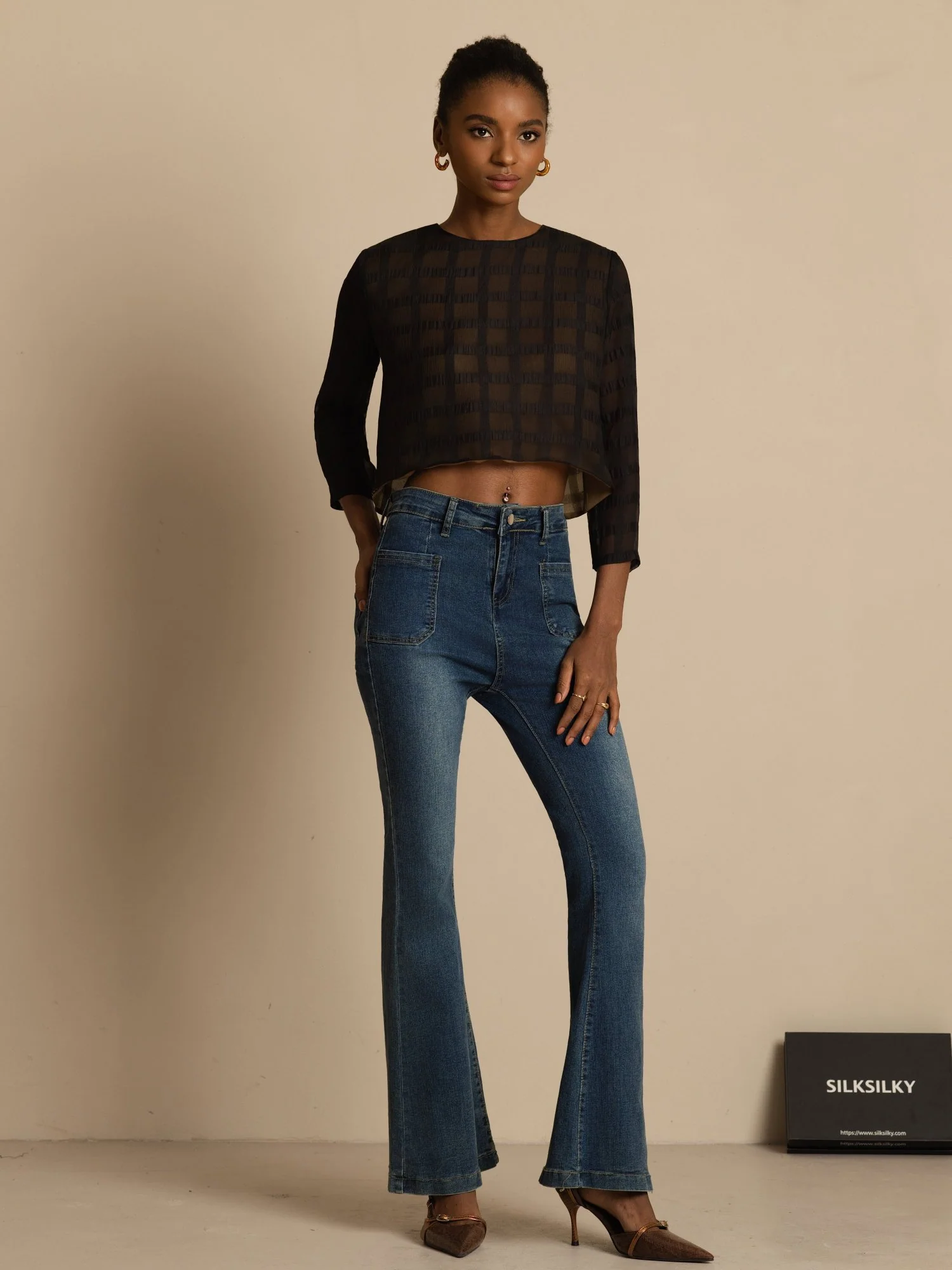 Pura Seda Mujer Manga Larga Textura Cuadricula Blusa Corta Con Lazos Traseros - Image 6
