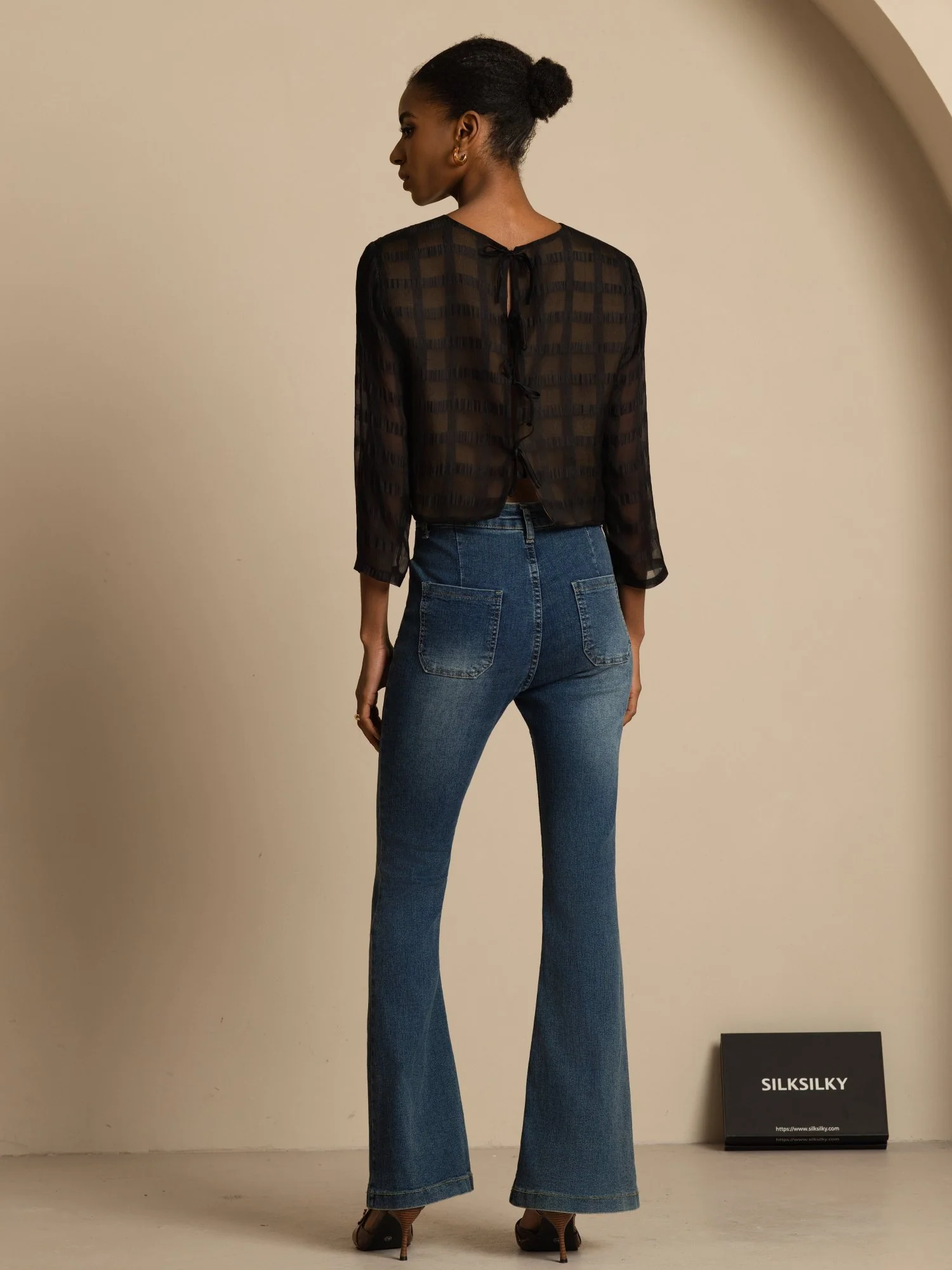 Pura Seda Mujer Manga Larga Textura Cuadricula Blusa Corta Con Lazos Traseros - Image 7