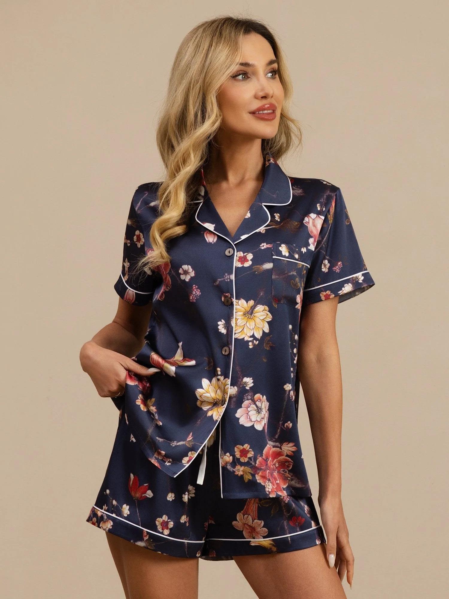 Conjunto De Pijama Mujer De Seda 19 Momme Azul Marino Con Estampado Floral Manga Corta Cuello Con Solapa Con Botones - Image 6