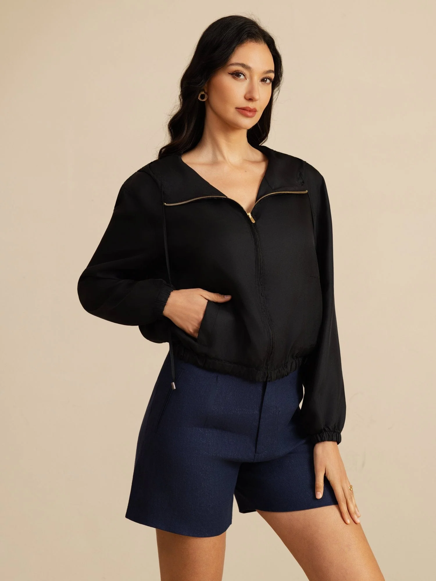 Chaqueta Corta Con Capucha Para Mujer De Seda Pura Con Bolsillos - Image 10