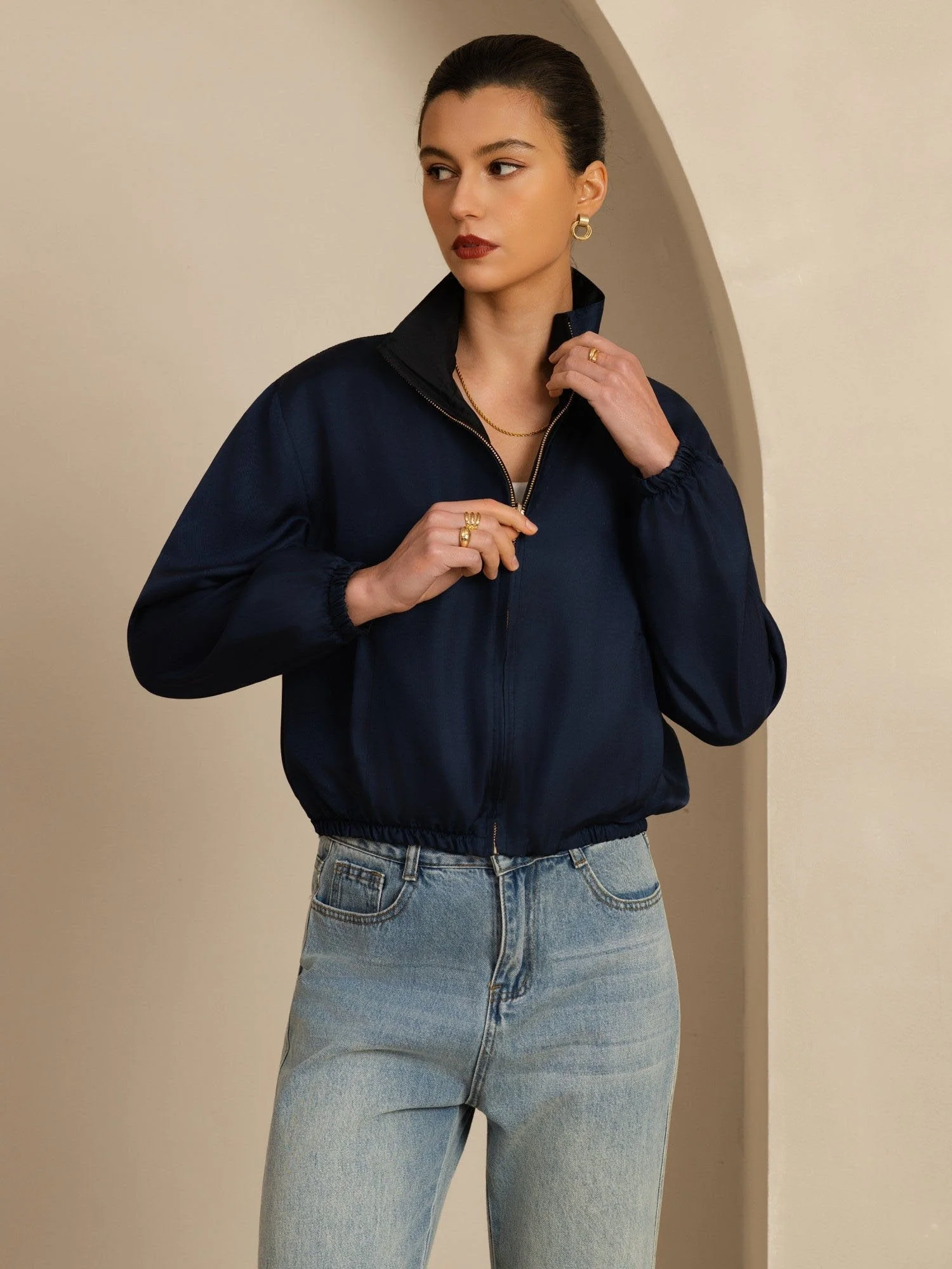 Chaqueta Corta Reversible Para Mujer De Seda Pura Con Cuello Alto Y Bolsillos - Image 10