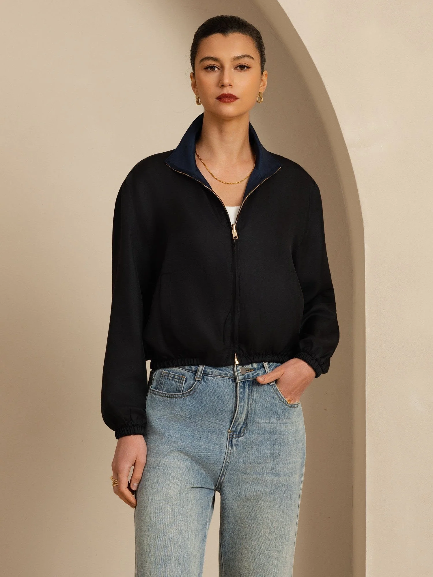 Chaqueta Corta Reversible Para Mujer De Seda Pura Con Cuello Alto Y Bolsillos - Image 13