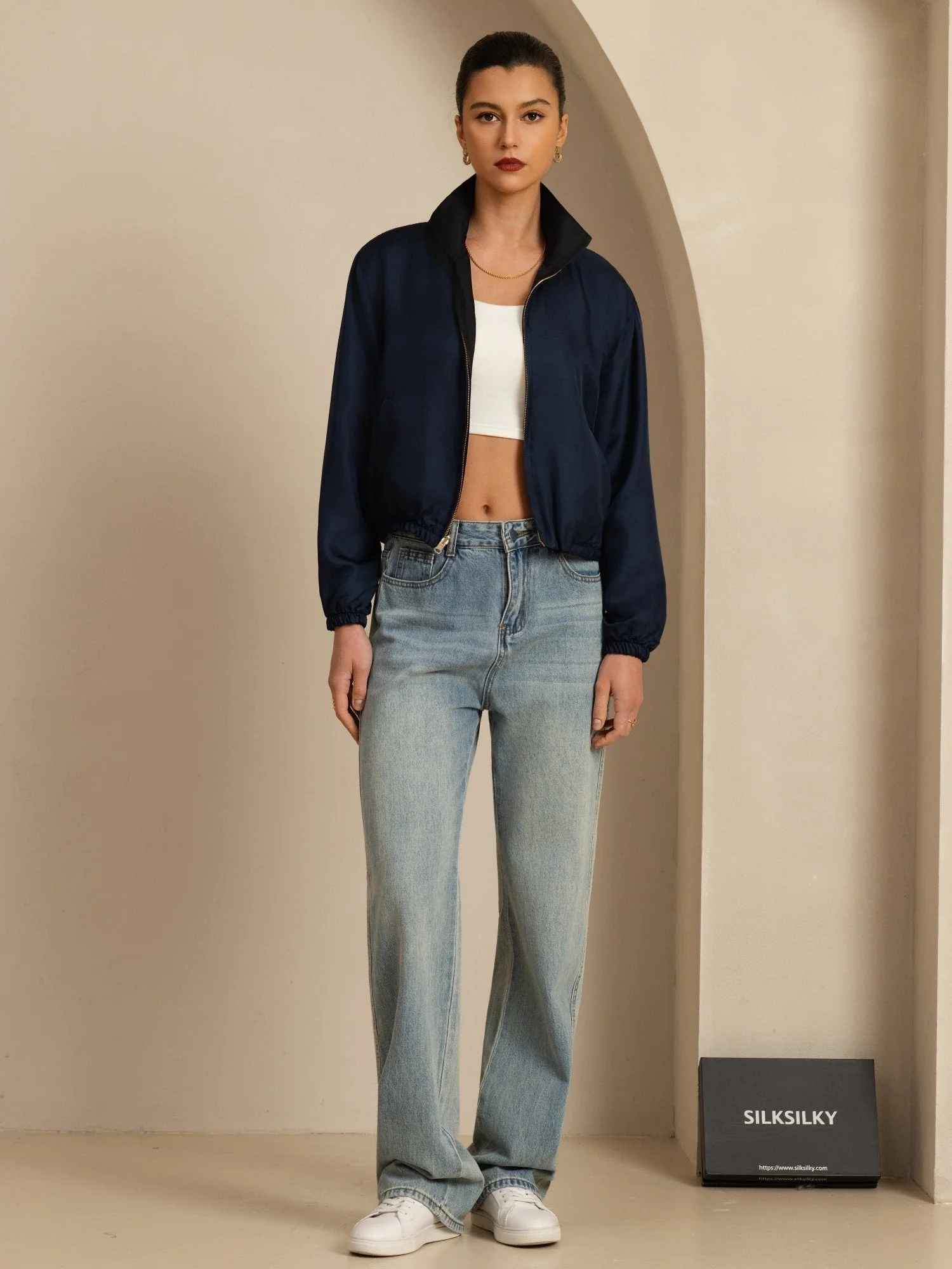 Chaqueta Corta Reversible Para Mujer De Seda Pura Con Cuello Alto Y Bolsillos - Image 15