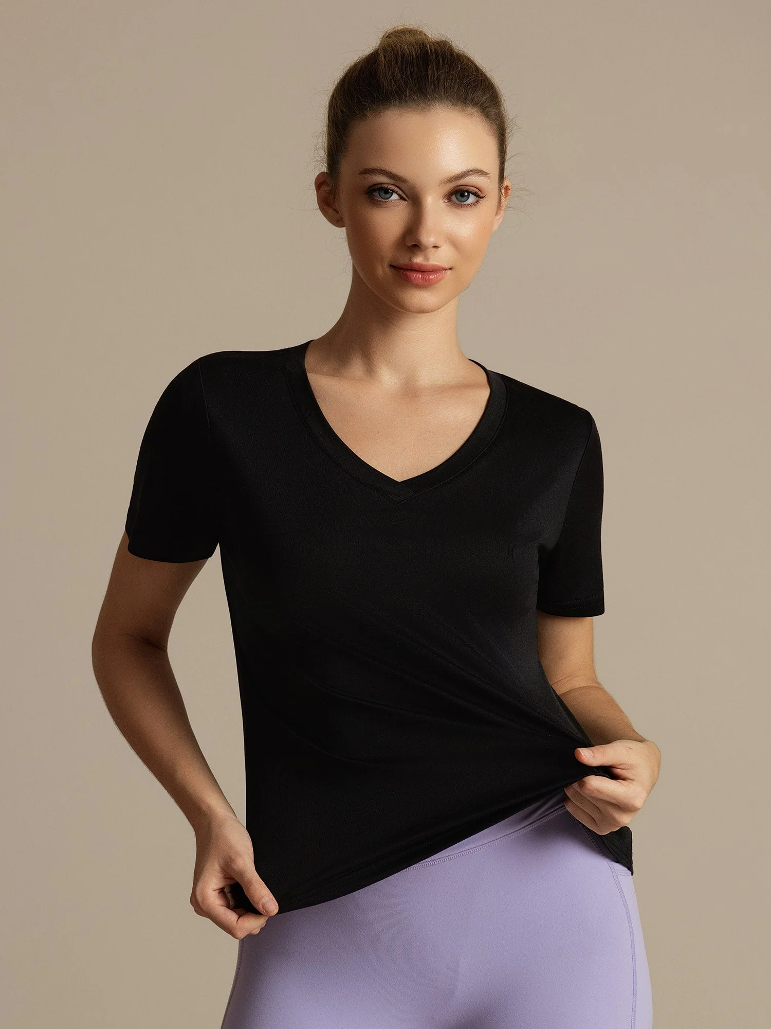 Camiseta Deportiva de Manga Corta con Cuello en V Resistente a los Enganches de Seda Pura para Mujer