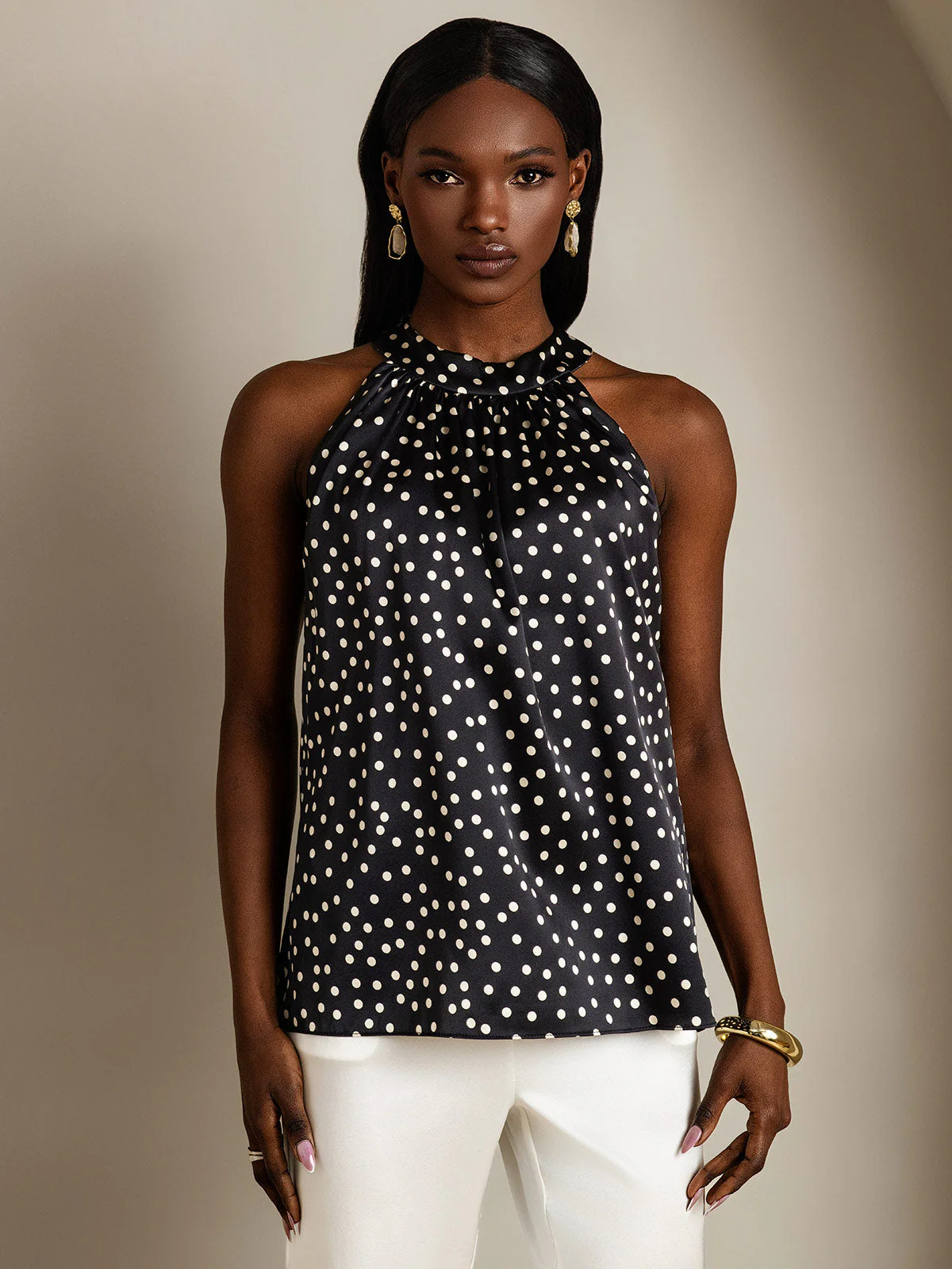 Top De Mujer De Seda 19Momme Sin Mangas Con Cuello Halter Y Estampado De Lunares - Image 3