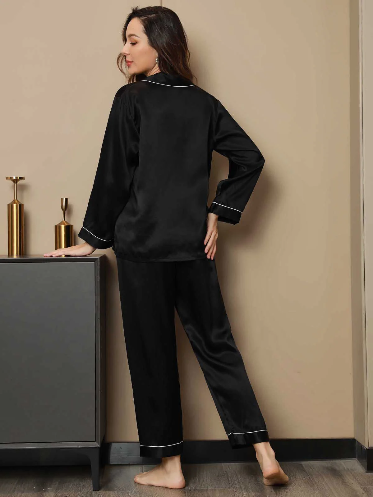 Conjunto De Pijamas De Seda Pura Con Cuello Con Muesca Y Botones - Image 11