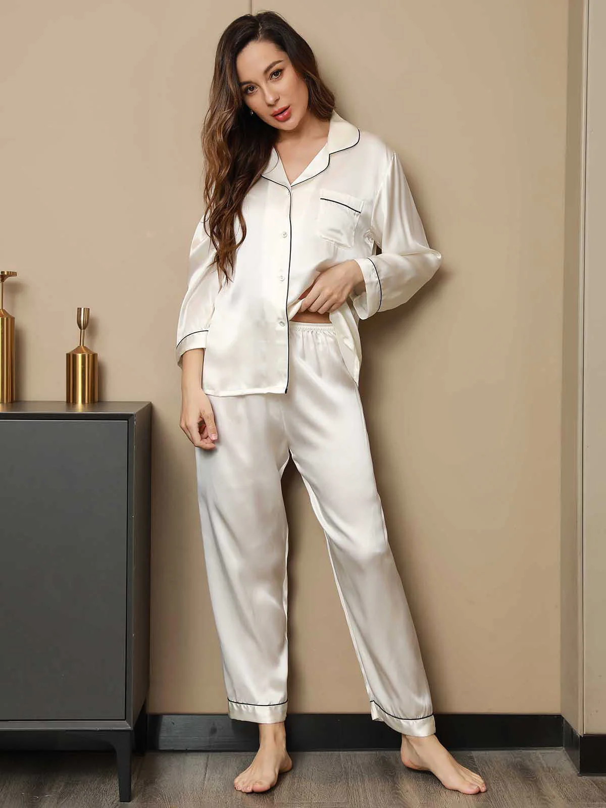 Conjunto De Pijamas De Seda Pura Con Cuello Con Muesca Y Botones - Image 41