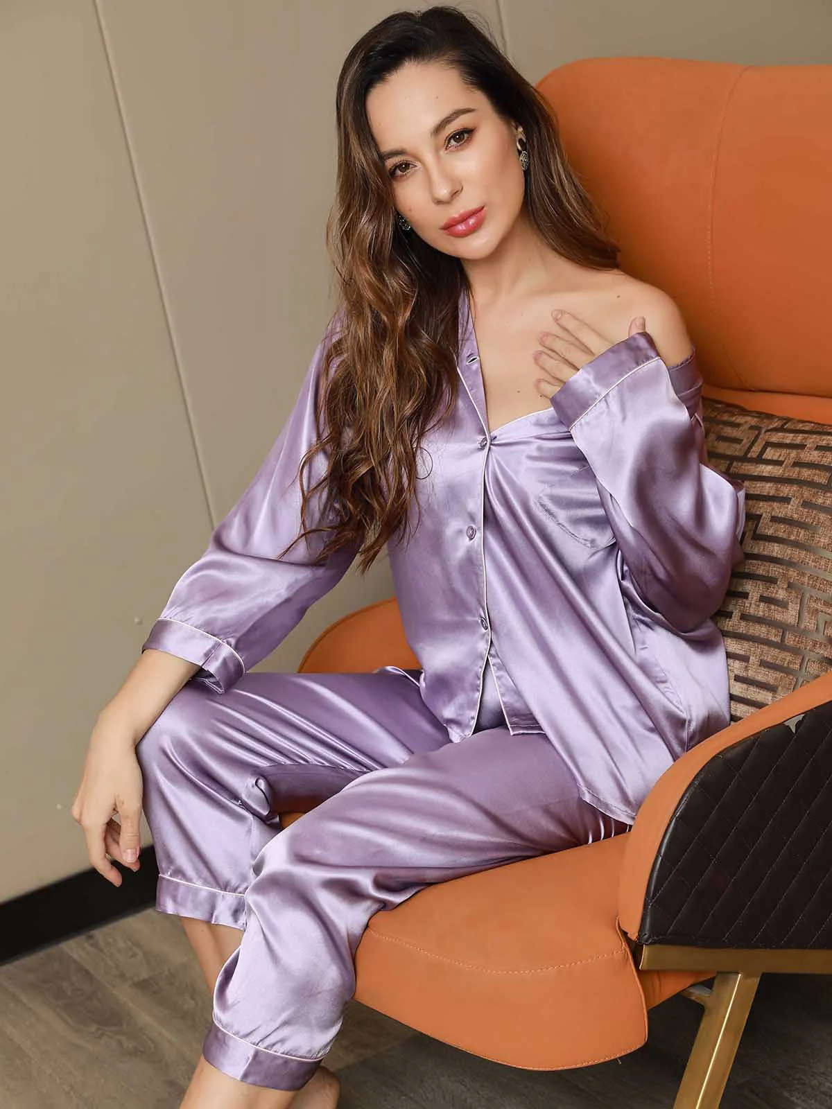 Conjunto De Pijamas De Seda Pura Con Cuello Con Muesca Y Botones - Image 46