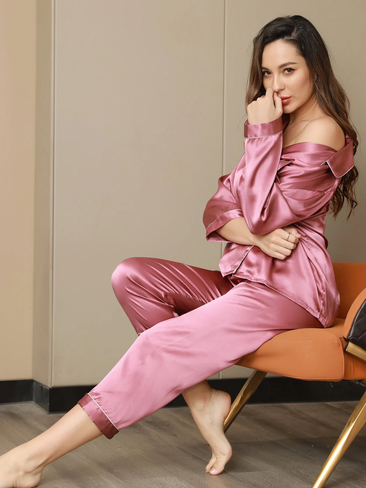 Conjunto De Pijamas De Seda Pura Con Cuello Con Muesca Y Botones - Image 59