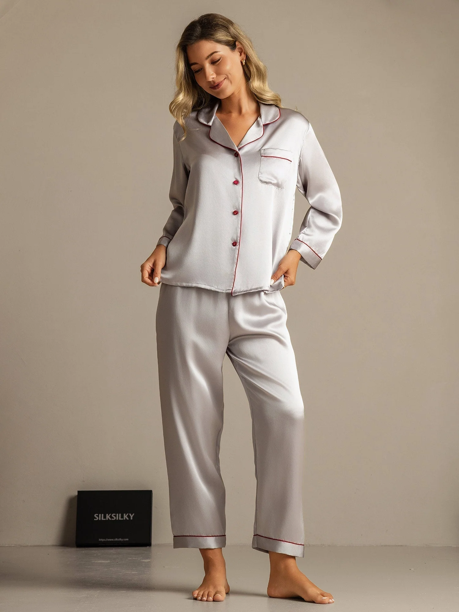 Conjunto De Pijamas De Seda Pura Con Cuello Con Muesca Y Botones - Image 72