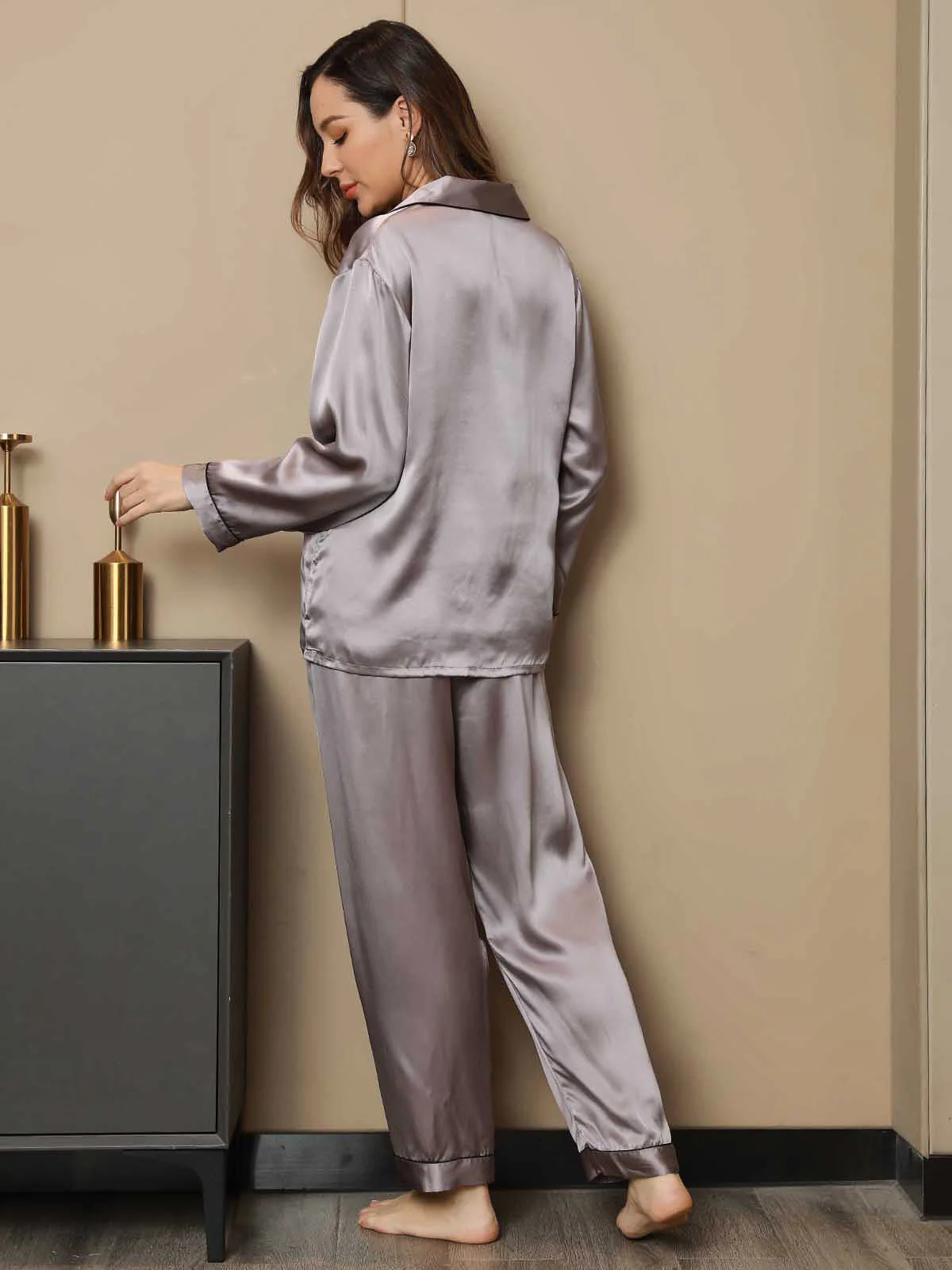 Conjunto De Pijamas De Seda Pura Con Cuello Con Muesca Y Botones - Image 82