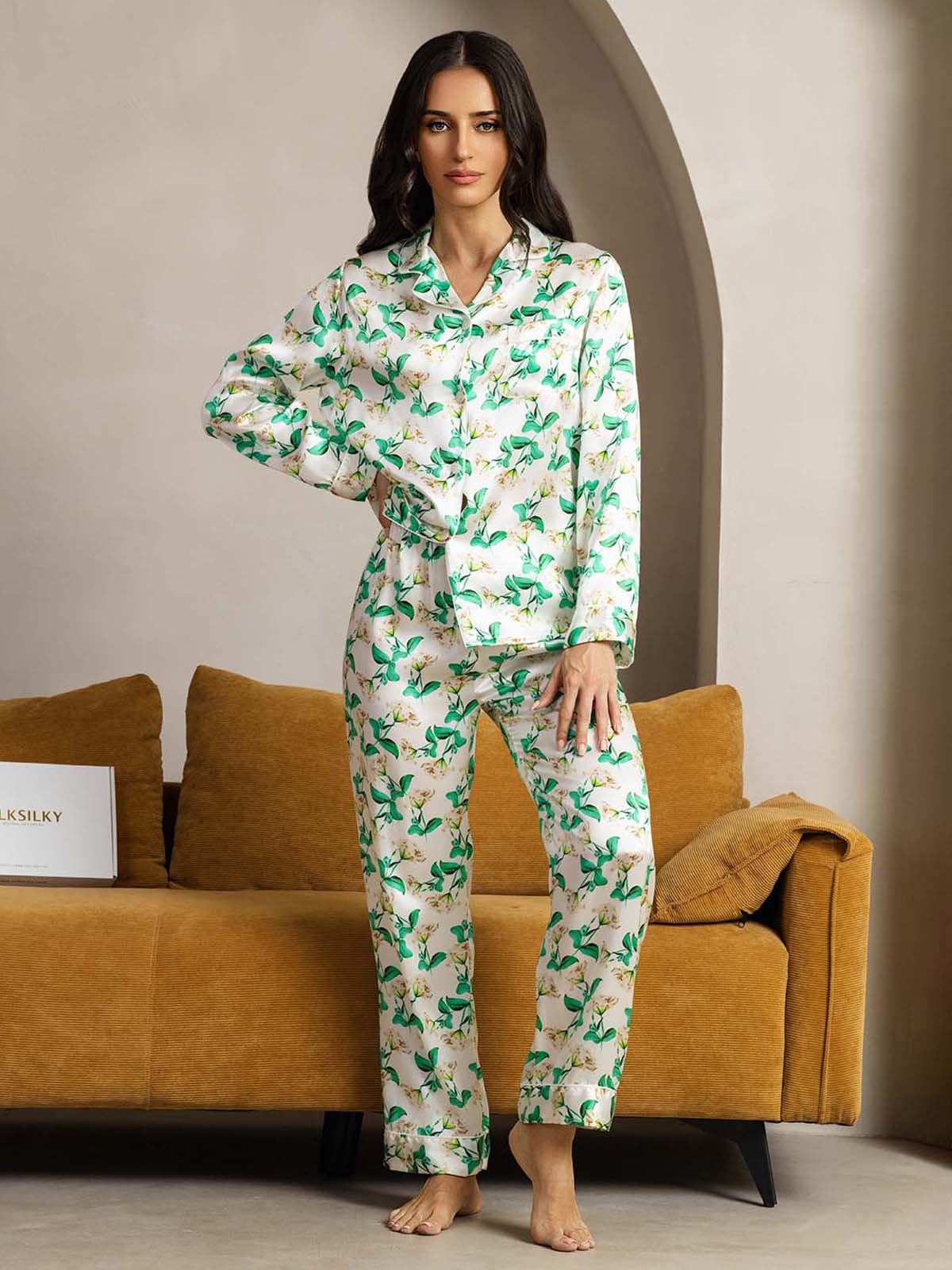 Conjunto De Pijama De Seda Pura Para Mujer Con Estampado Floral Verde Manga Larga Y Cuello Con Solapas - Image 4