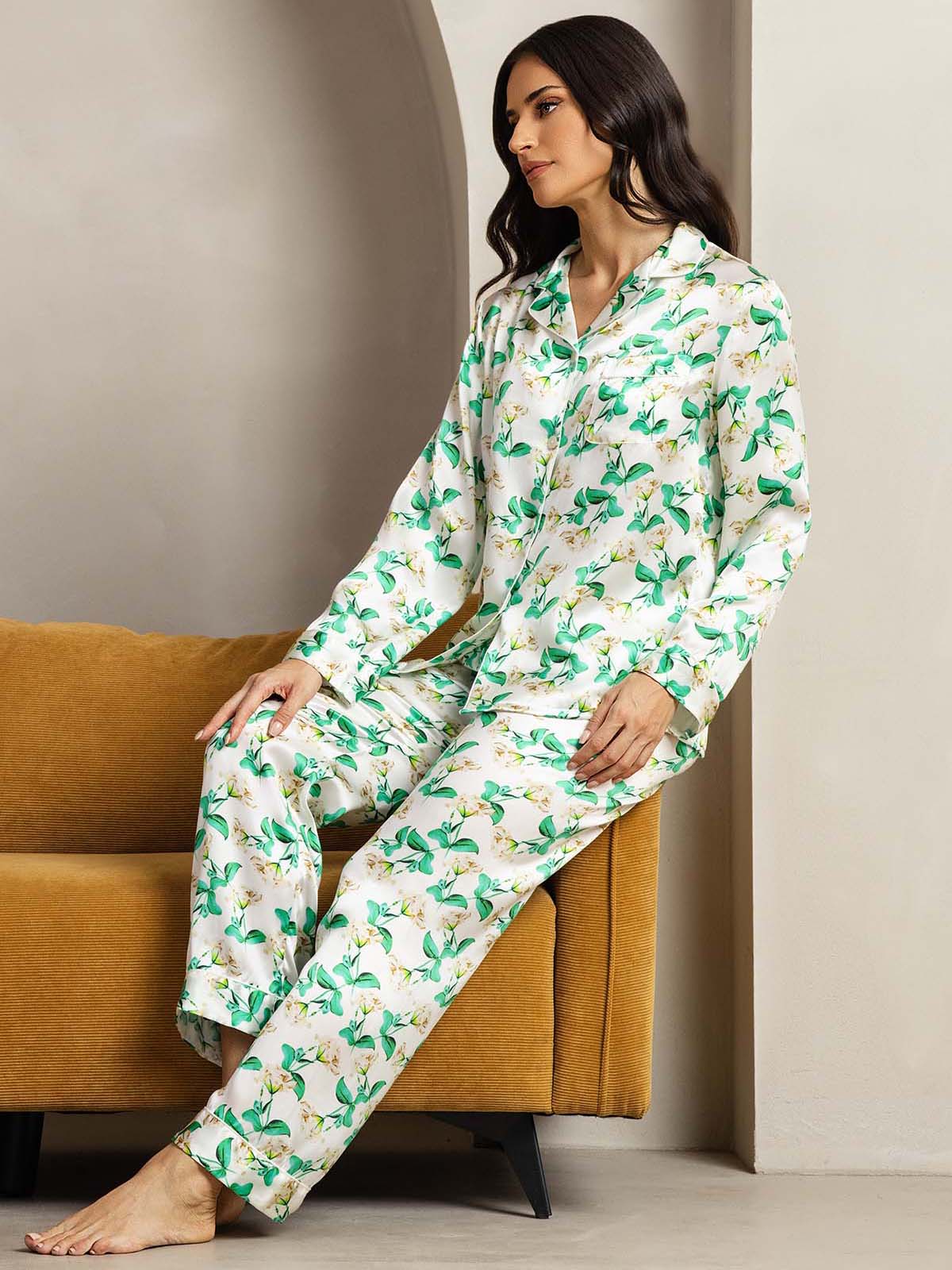 Conjunto De Pijama De Seda Pura Para Mujer Con Estampado Floral Verde Manga Larga Y Cuello Con Solapas - Image 5