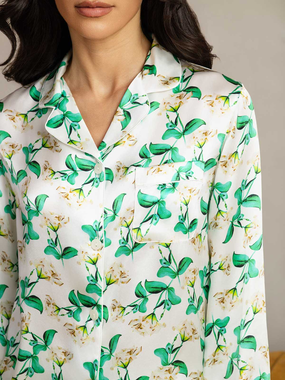 Conjunto De Pijama De Seda Pura Para Mujer Con Estampado Floral Verde Manga Larga Y Cuello Con Solapas - Image 7