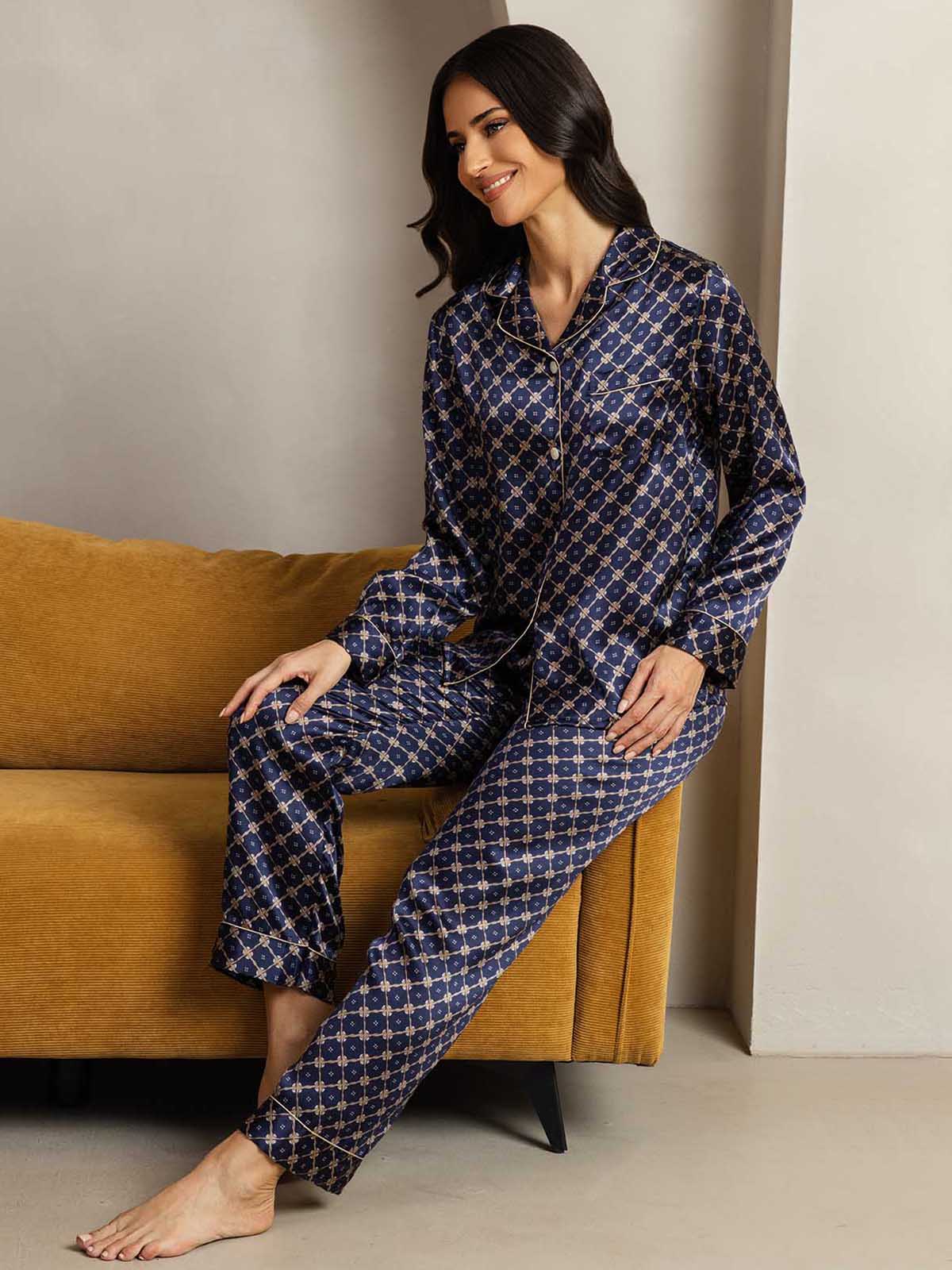 Conjunto De Pijama De Seda Pura Para Mujer Con Estampado De Cadena Marino, Manga Larga Y Cuello Con Solapas - Image 4