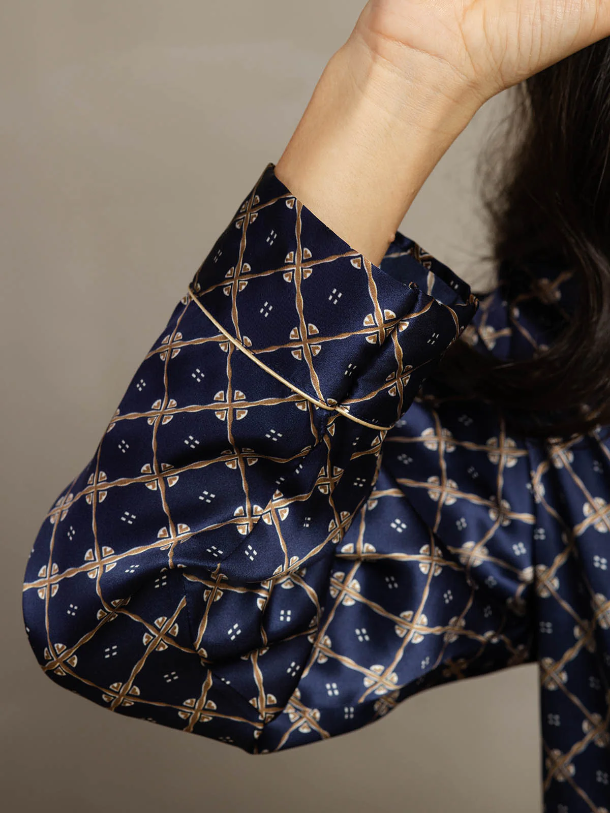 Conjunto De Pijama De Seda Pura Para Mujer Con Estampado De Cadena Marino, Manga Larga Y Cuello Con Solapas - Image 7