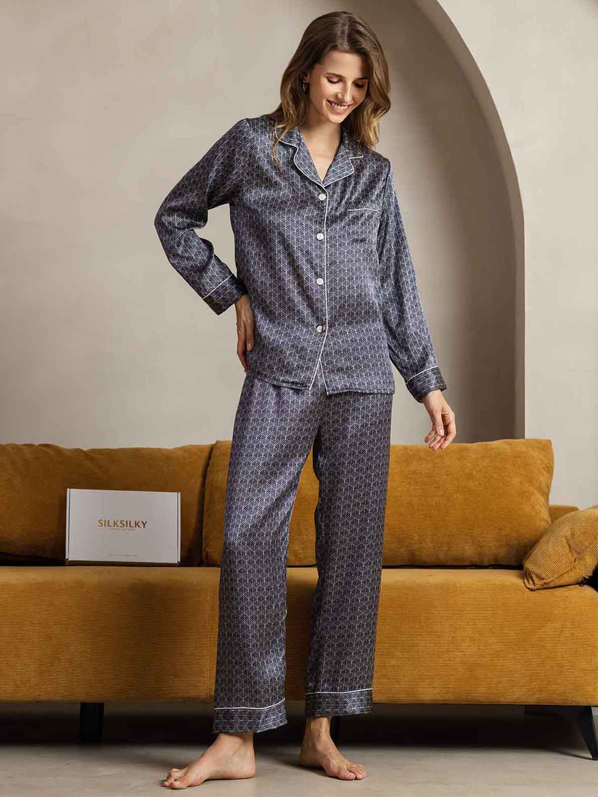 Conjunto De Pijama De Seda Pura Para Mujer Con Estampado Ginkgo Marino, Manga Larga Y Cuello Con Solapas - Image 4