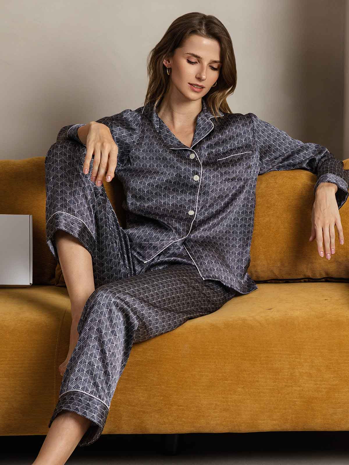 Conjunto De Pijama De Seda Pura Para Mujer Con Estampado Ginkgo Marino, Manga Larga Y Cuello Con Solapas - Image 5
