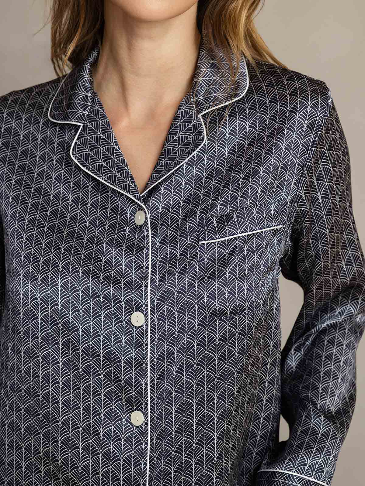 Conjunto De Pijama De Seda Pura Para Mujer Con Estampado Ginkgo Marino, Manga Larga Y Cuello Con Solapas - Image 6