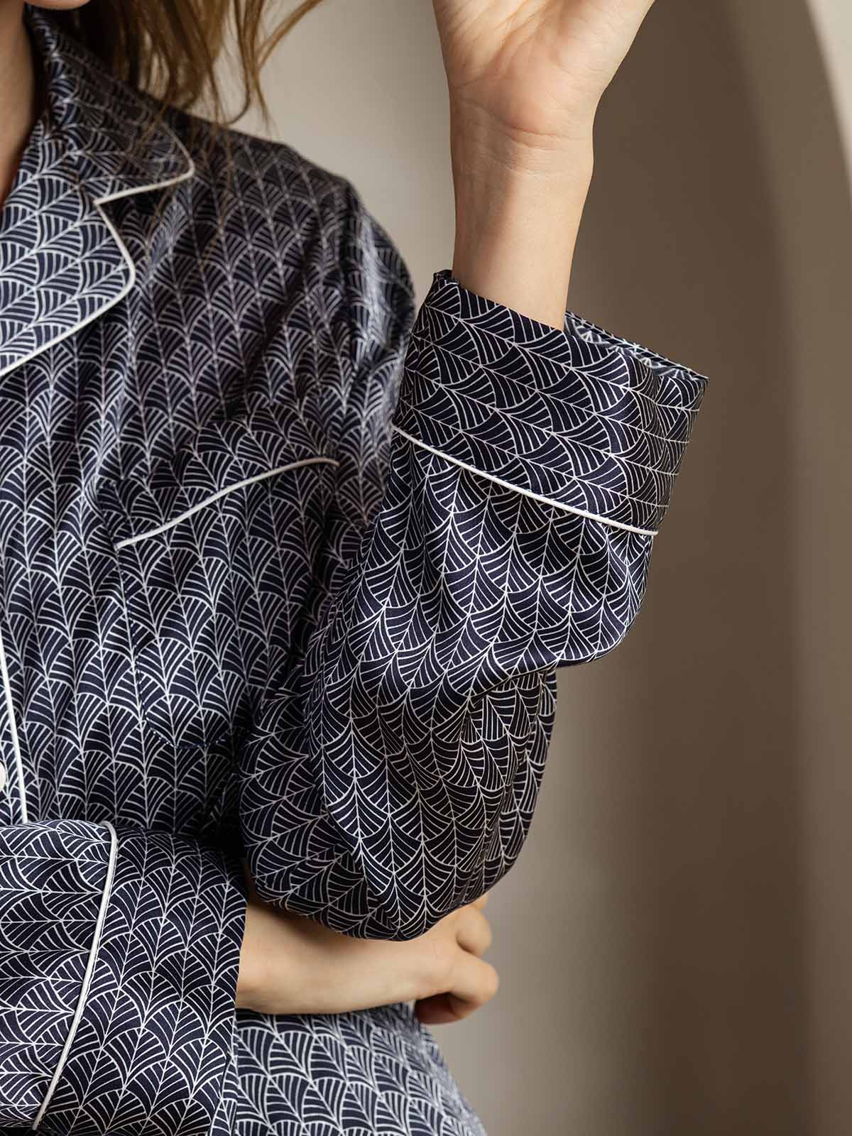 Conjunto De Pijama De Seda Pura Para Mujer Con Estampado Ginkgo Marino, Manga Larga Y Cuello Con Solapas - Image 7