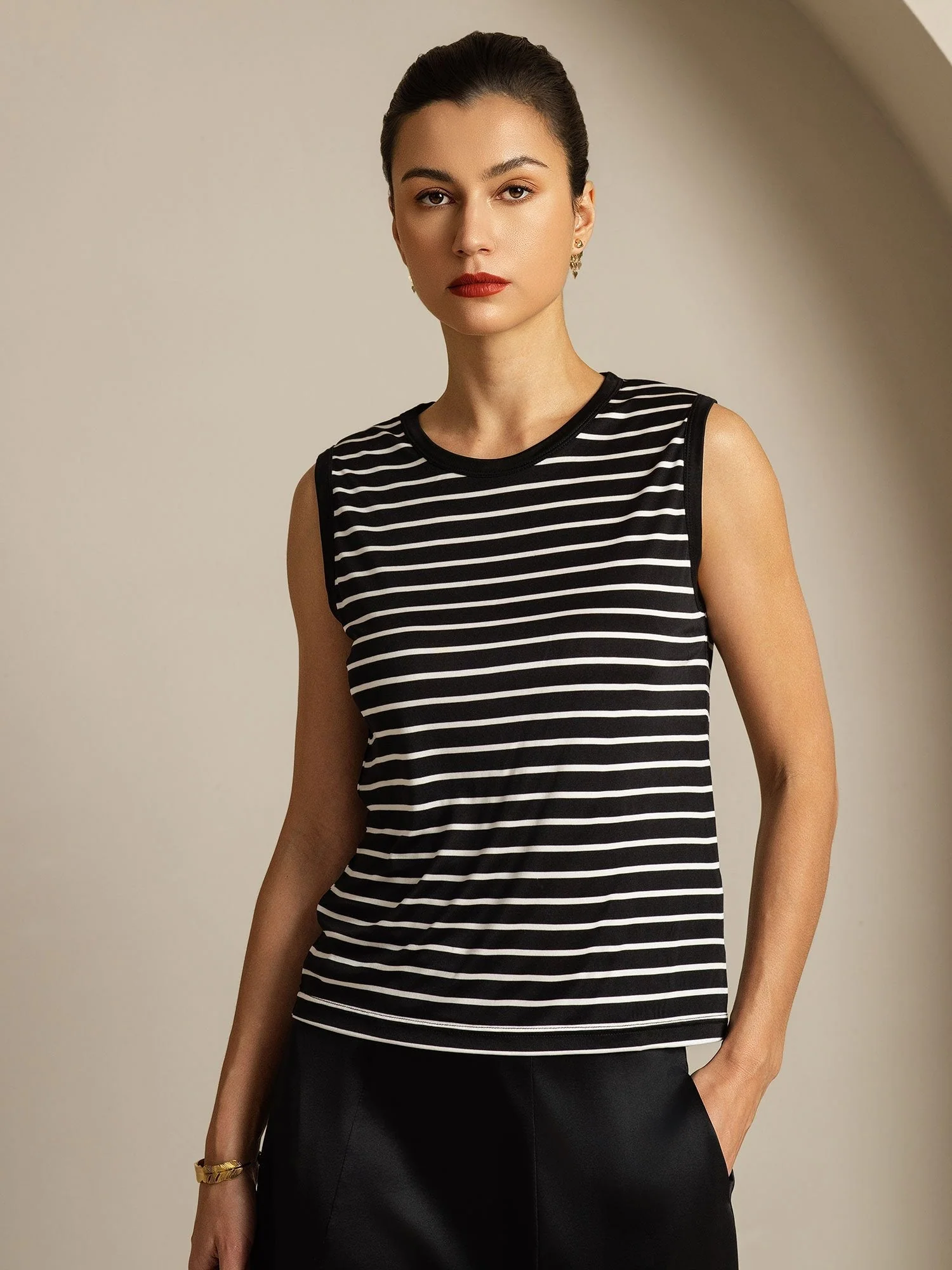 Top Deportivo Mujer Seda Pura Cuello Redondo Estampado A Rayas - Image 9